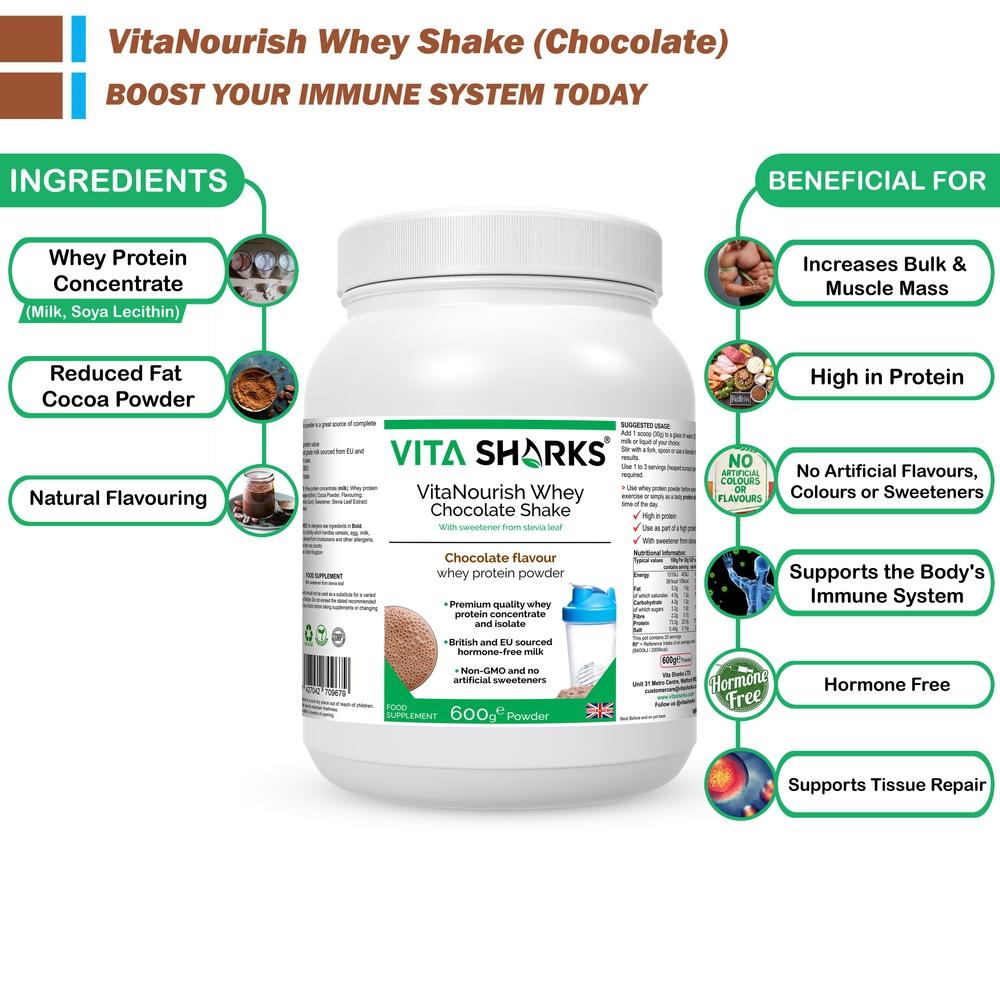 Buy VitaNourish Whey Chocolate Shake | High Quality Whey Concentrate & Isolate - A premium quality chocolate flavoured whey protein powder, derived from a blend of concentrate & isolate - NO artificial flavours, colours or sweeteners. Providing over 23g of protein & just 2g of fat per 30g serving, contains only the highest grade hormone-free milk, sourced from EU & British cows - no GMOs at Sacred Remedy Online