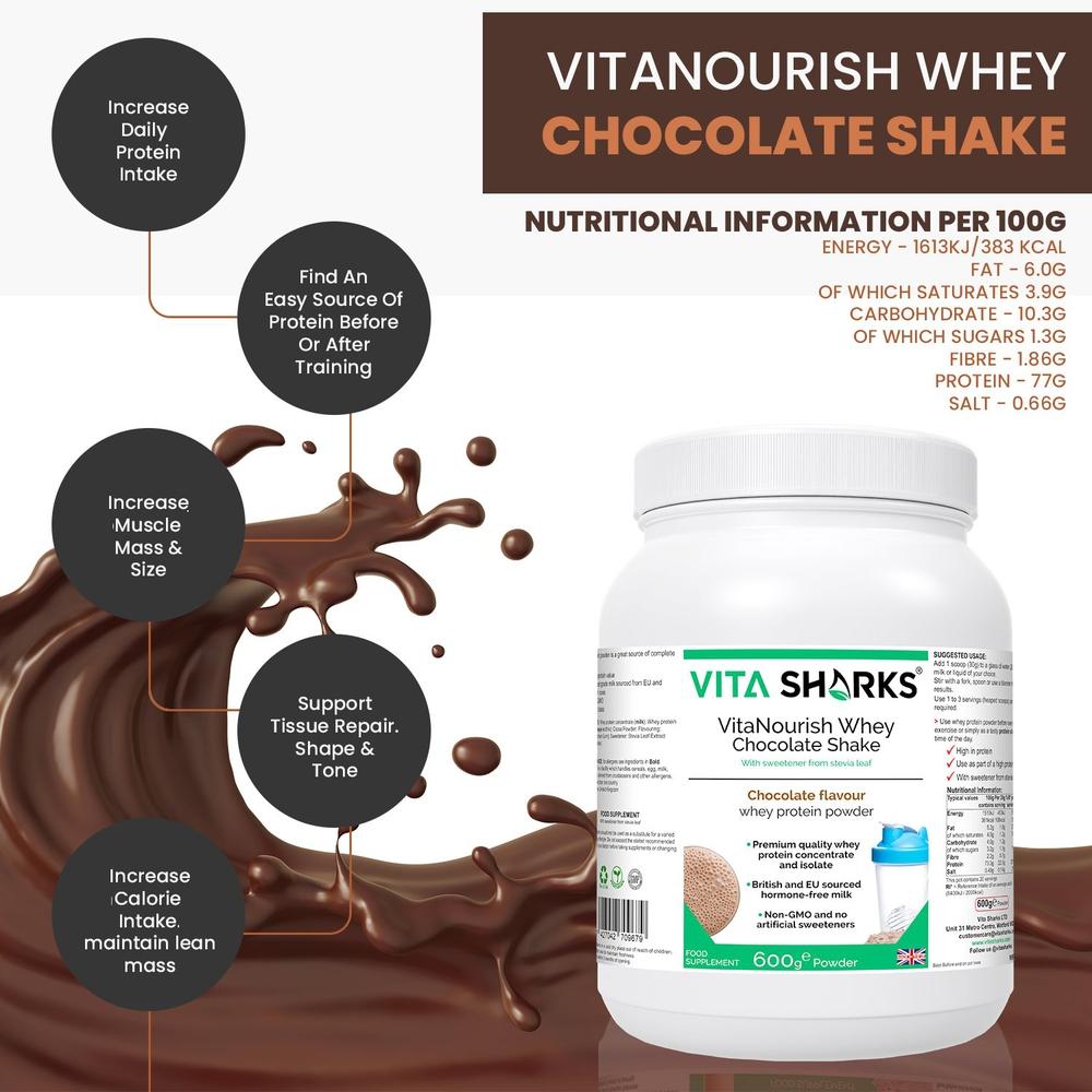 Buy VitaNourish Whey Chocolate Shake | High Quality Whey Concentrate & Isolate - A premium quality chocolate flavoured whey protein powder, derived from a blend of concentrate & isolate - NO artificial flavours, colours or sweeteners. Providing over 23g of protein & just 2g of fat per 30g serving, contains only the highest grade hormone-free milk, sourced from EU & British cows - no GMOs at Sacred Remedy Online