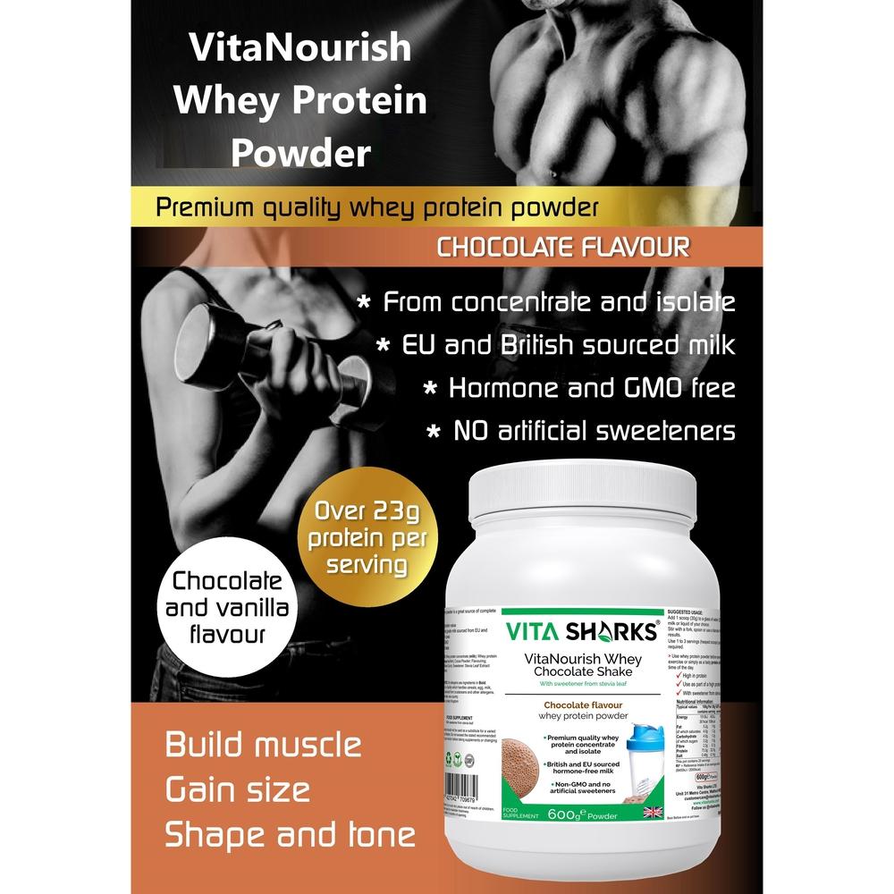 Buy VitaNourish Whey Chocolate Shake | High Quality Whey Concentrate & Isolate - A premium quality chocolate flavoured whey protein powder, derived from a blend of concentrate & isolate - NO artificial flavours, colours or sweeteners. Providing over 23g of protein & just 2g of fat per 30g serving, contains only the highest grade hormone-free milk, sourced from EU & British cows - no GMOs at Sacred Remedy Online