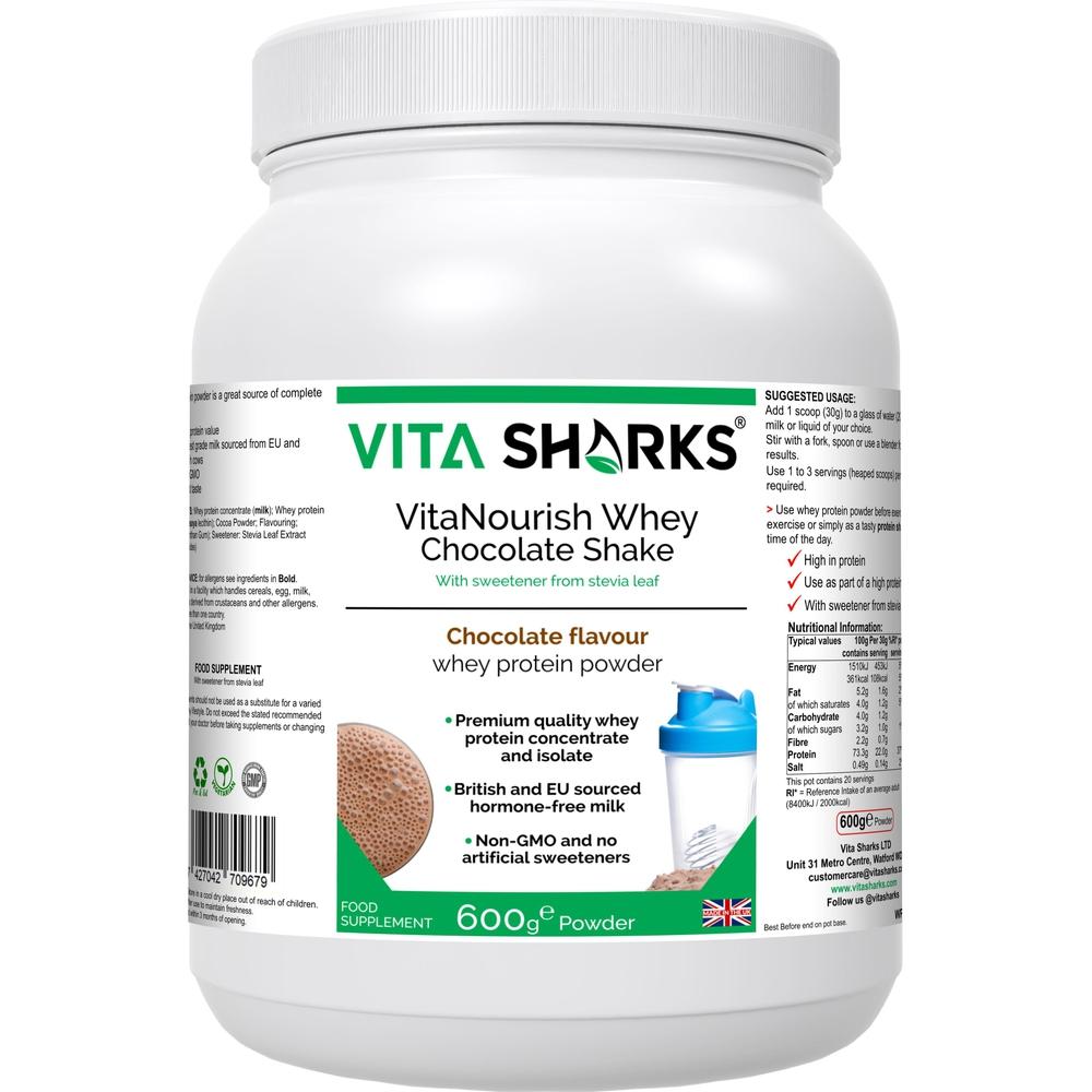 Buy VitaNourish Whey Chocolate Shake | High Quality Whey Concentrate & Isolate - A premium quality chocolate flavoured whey protein powder, derived from a blend of concentrate & isolate - NO artificial flavours, colours or sweeteners. Providing over 23g of protein & just 2g of fat per 30g serving, contains only the highest grade hormone-free milk, sourced from EU & British cows - no GMOs at Sacred Remedy Online