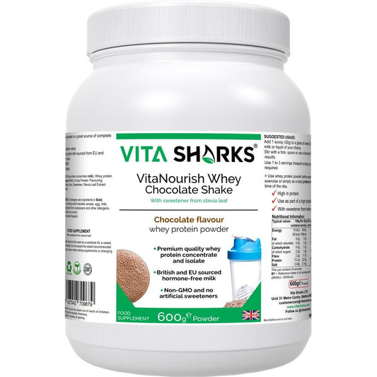 Buy VitaNourish Whey Chocolate Shake | High Quality Whey Concentrate & Isolate - A premium quality chocolate flavoured whey protein powder, derived from a blend of concentrate & isolate - NO artificial flavours, colours or sweeteners. Providing over 23g of protein & just 2g of fat per 30g serving, contains only the highest grade hormone-free milk, sourced from EU & British cows - no GMOs at Sacred Remedy Online