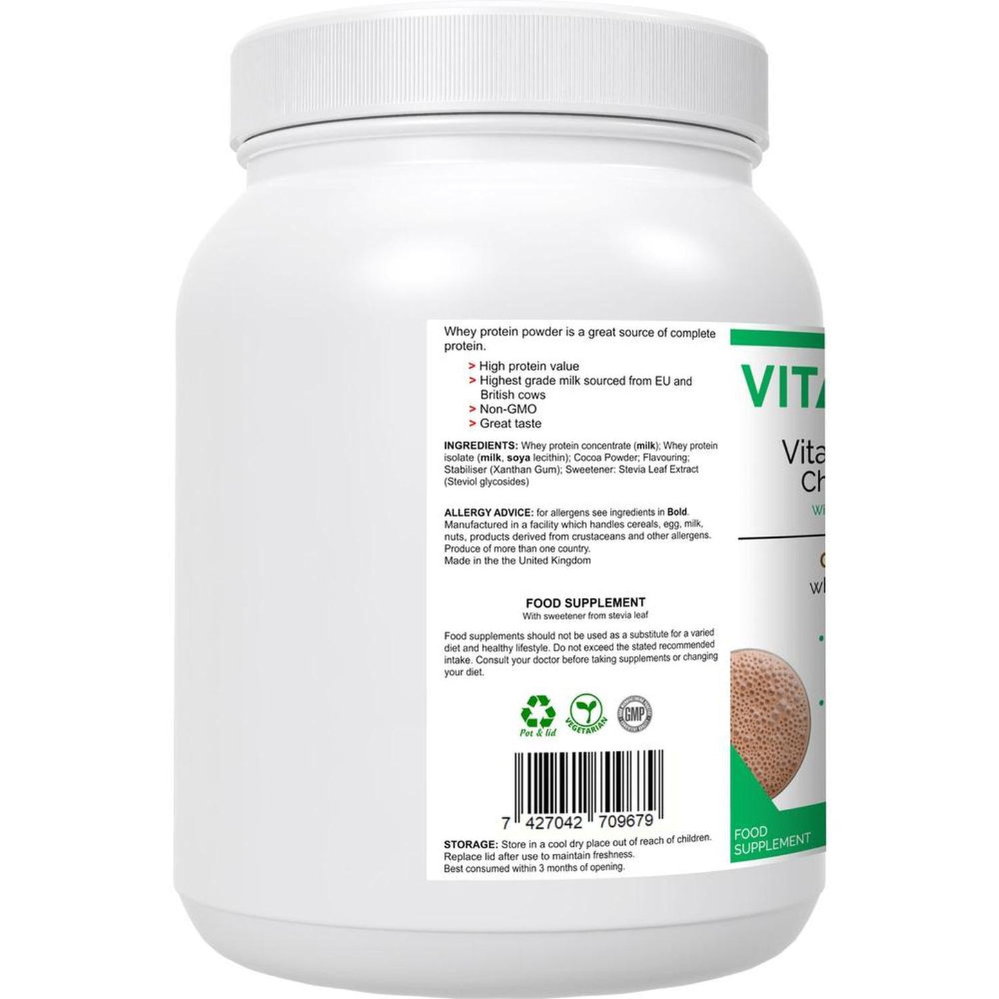 VitaNourish Whey Chocolate Shake | High Quality Whey Concentrate & Isolate - A premium quality chocolate flavoured whey protein powder, derived from a blend of concentrate & isolate - NO artificial flavours, colours or sweeteners. Providing over 23g of protein & just 2g of fat per 30g serving, contains only the highest grade hormone-free milk, sourced from EU & British cows - no GMOs Buy Now at Sacred Remedy