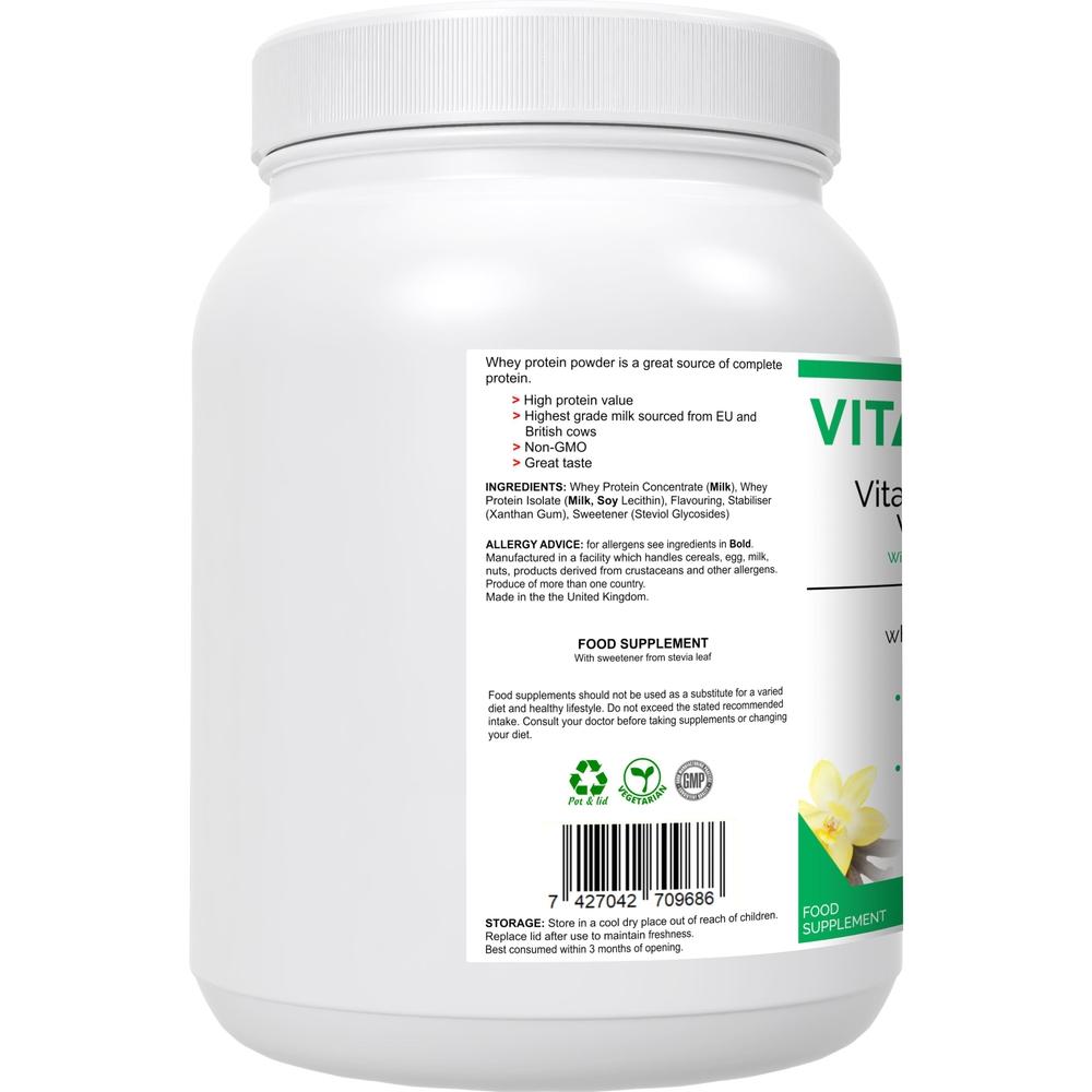 Buy VitaNourish Whey Vanilla Shake | High Quality Whey Concentrate & Isolate - Can be used before or after exercise, or at any time of day as a protein-rich, muscle building and appetite curbing snack. Derived from a blend of concentrate and isolate - NO artificial flavours, colours or sweeteners. Highest grade hormone-free milk, sourced from EU and British cows - no GMOs. at Sacred Remedy Online