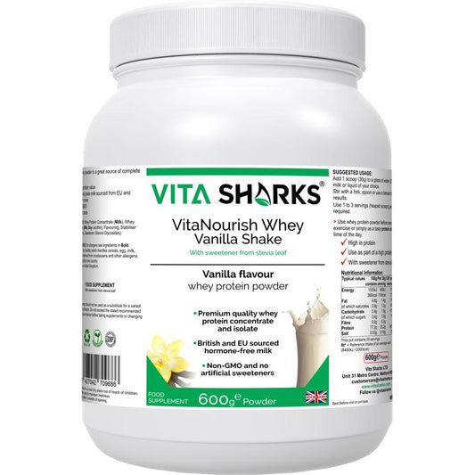 Buy VitaNourish Whey Vanilla Shake | High Quality Whey Concentrate & Isolate - Can be used before or after exercise, or at any time of day as a protein-rich, muscle building and appetite curbing snack. Derived from a blend of concentrate and isolate - NO artificial flavours, colours or sweeteners. Highest grade hormone-free milk, sourced from EU and British cows - no GMOs. at Sacred Remedy Online