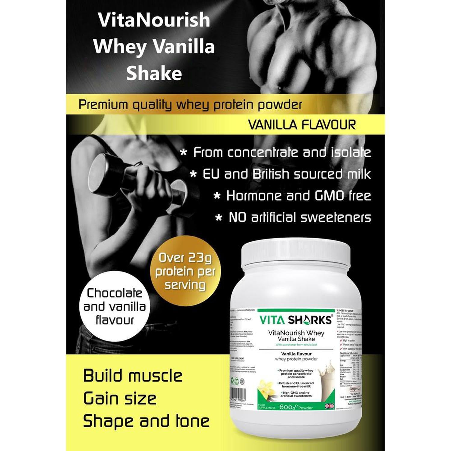 VitaNourish Whey Vanilla Shake | High Quality Whey Concentrate & Isolate - Can be used before or after exercise, or at any time of day as a protein-rich, muscle building and appetite curbing snack. Derived from a blend of concentrate and isolate - NO artificial flavours, colours or sweeteners. Highest grade hormone-free milk, sourced from EU and British cows - no GMOs. Buy Now at Sacred Remedy