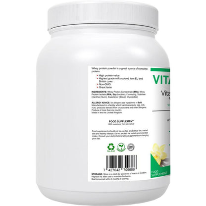 VitaNourish Whey Vanilla Shake | High Quality Whey Concentrate & Isolate - Can be used before or after exercise, or at any time of day as a protein-rich, muscle building and appetite curbing snack. Derived from a blend of concentrate and isolate - NO artificial flavours, colours or sweeteners. Highest grade hormone-free milk, sourced from EU and British cows - no GMOs. Buy Now at Sacred Remedy