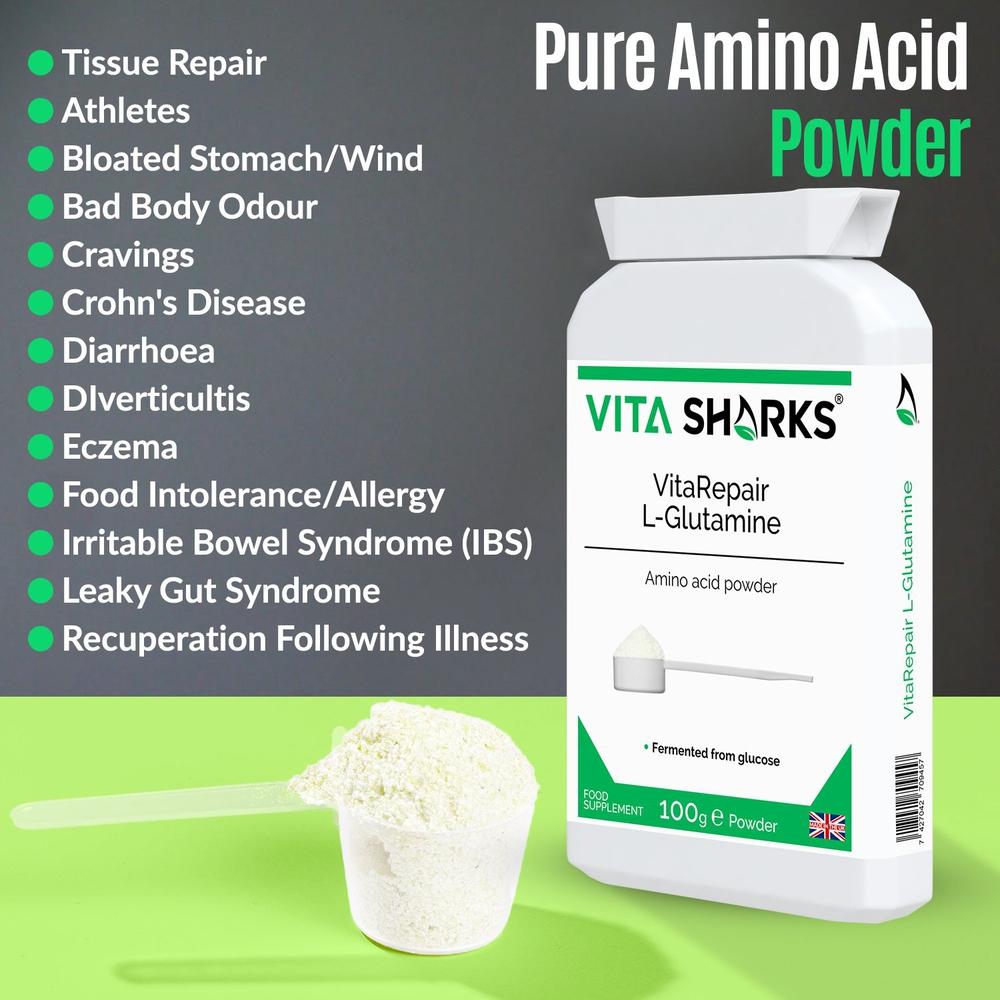 Buy VitaRepair L-Glutamine | Pure Amino Acid Powder for Digestive Health & Gut Wall Integrity - L-Glutamine the natural form of glutamine, is needed for a wide range of repair & maintenance functions, such as wound healing, muscle & bone growth, digestive health & gut wall integrity. This pure amino acid powder is used by athletes following gruelling training routines (it breaks down uric acid from proteins). at Sacred Remedy Online