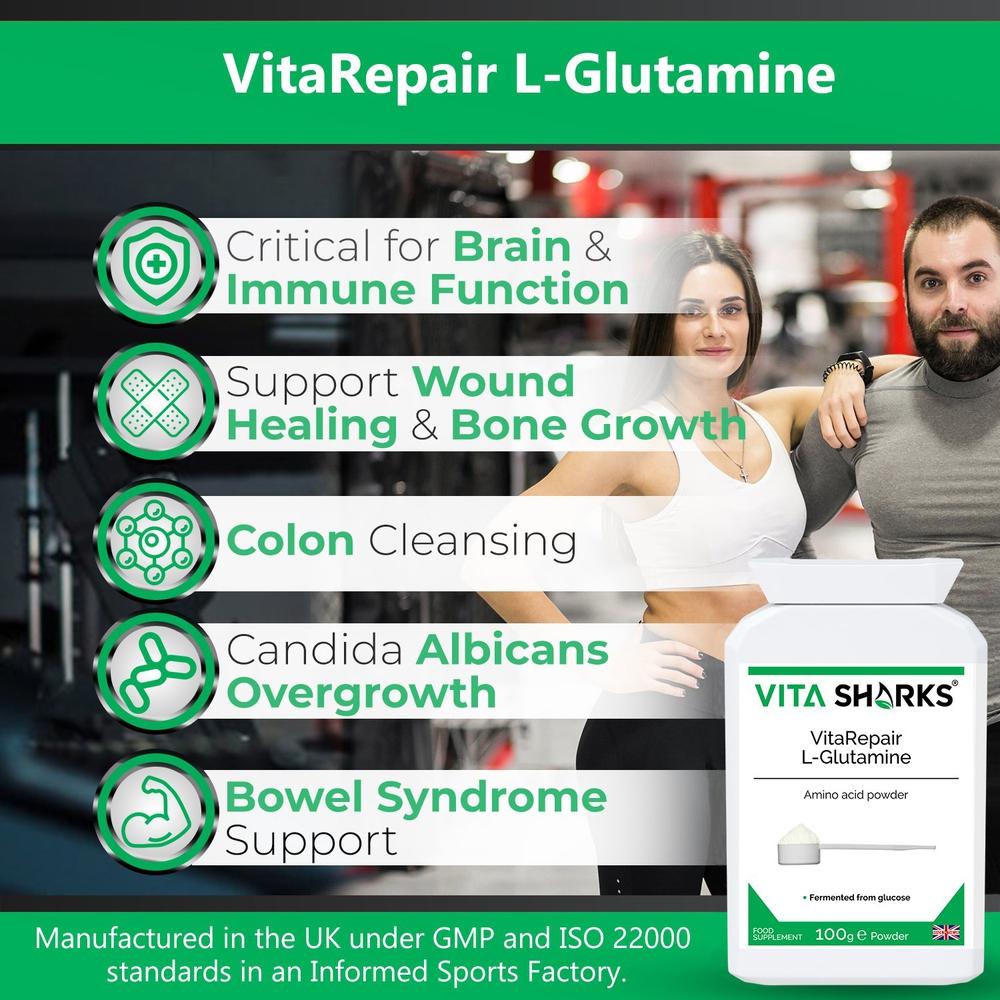 Buy VitaRepair L-Glutamine | Pure Amino Acid Powder for Digestive Health & Gut Wall Integrity - L-Glutamine the natural form of glutamine, is needed for a wide range of repair & maintenance functions, such as wound healing, muscle & bone growth, digestive health & gut wall integrity. This pure amino acid powder is used by athletes following gruelling training routines (it breaks down uric acid from proteins). at Sacred Remedy Online