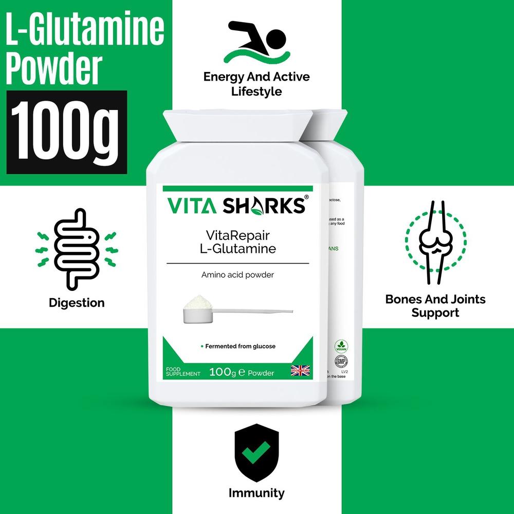 Buy VitaRepair L-Glutamine | Pure Amino Acid Powder for Digestive Health & Gut Wall Integrity - L-Glutamine the natural form of glutamine, is needed for a wide range of repair & maintenance functions, such as wound healing, muscle & bone growth, digestive health & gut wall integrity. This pure amino acid powder is used by athletes following gruelling training routines (it breaks down uric acid from proteins). at Sacred Remedy Online