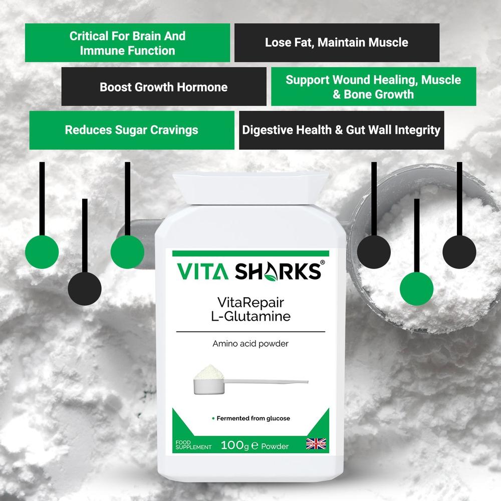 Buy VitaRepair L-Glutamine | Pure Amino Acid Powder for Digestive Health & Gut Wall Integrity - L-Glutamine the natural form of glutamine, is needed for a wide range of repair & maintenance functions, such as wound healing, muscle & bone growth, digestive health & gut wall integrity. This pure amino acid powder is used by athletes following gruelling training routines (it breaks down uric acid from proteins). at Sacred Remedy Online