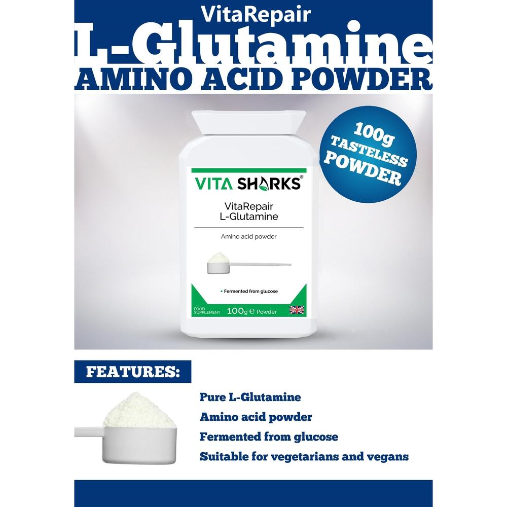 Buy VitaRepair L-Glutamine | Pure Amino Acid Powder for Digestive Health & Gut Wall Integrity - L-Glutamine the natural form of glutamine, is needed for a wide range of repair & maintenance functions, such as wound healing, muscle & bone growth, digestive health & gut wall integrity. This pure amino acid powder is used by athletes following gruelling training routines (it breaks down uric acid from proteins). at Sacred Remedy Online