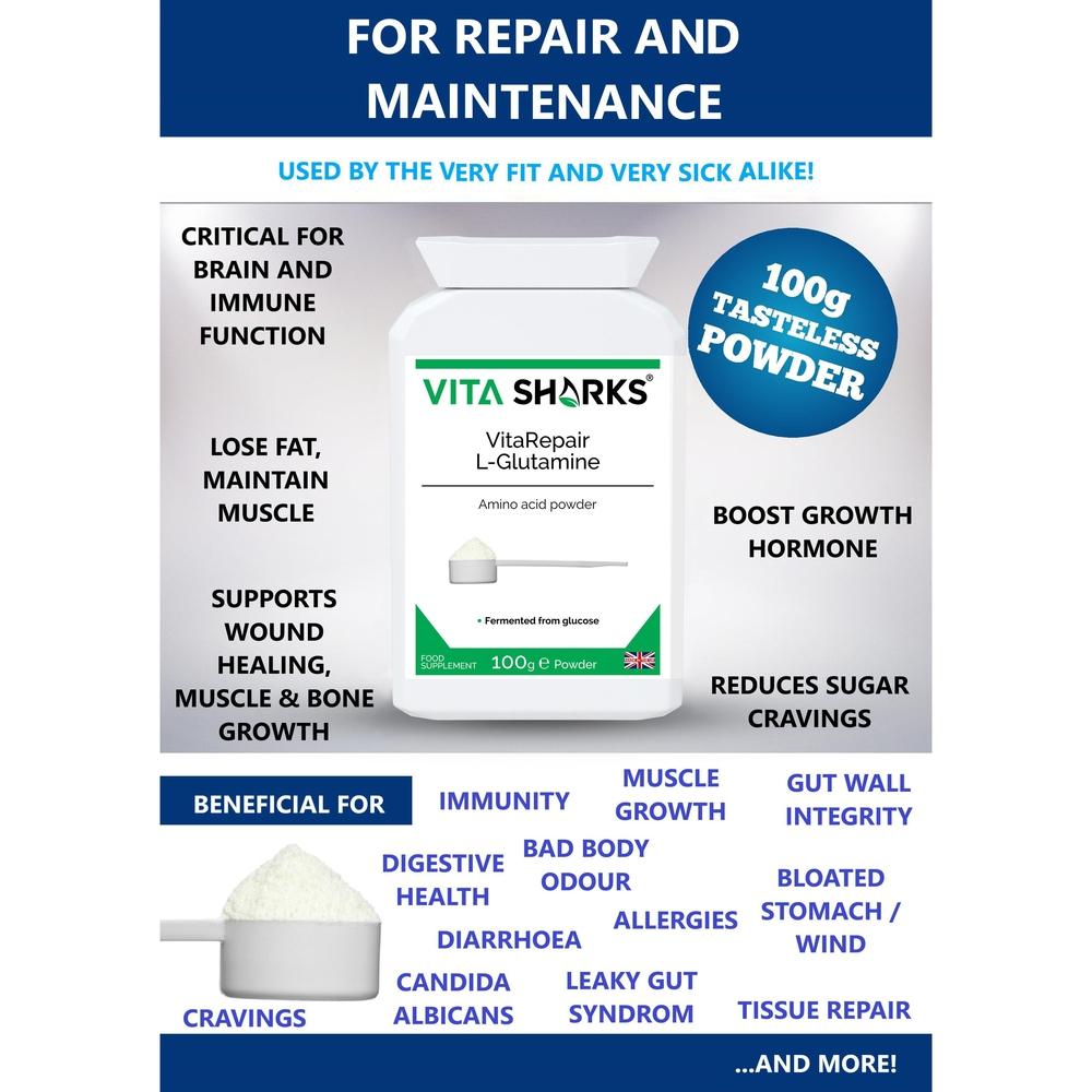 Buy VitaRepair L-Glutamine | Pure Amino Acid Powder for Digestive Health & Gut Wall Integrity - L-Glutamine the natural form of glutamine, is needed for a wide range of repair & maintenance functions, such as wound healing, muscle & bone growth, digestive health & gut wall integrity. This pure amino acid powder is used by athletes following gruelling training routines (it breaks down uric acid from proteins). at Sacred Remedy Online