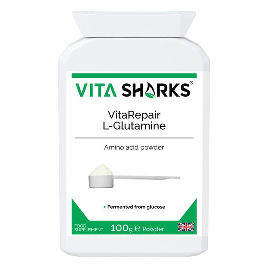 Buy VitaRepair L-Glutamine | Pure Amino Acid Powder for Digestive Health & Gut Wall Integrity - L-Glutamine the natural form of glutamine, is needed for a wide range of repair & maintenance functions, such as wound healing, muscle & bone growth, digestive health & gut wall integrity. This pure amino acid powder is used by athletes following gruelling training routines (it breaks down uric acid from proteins). at Sacred Remedy Online