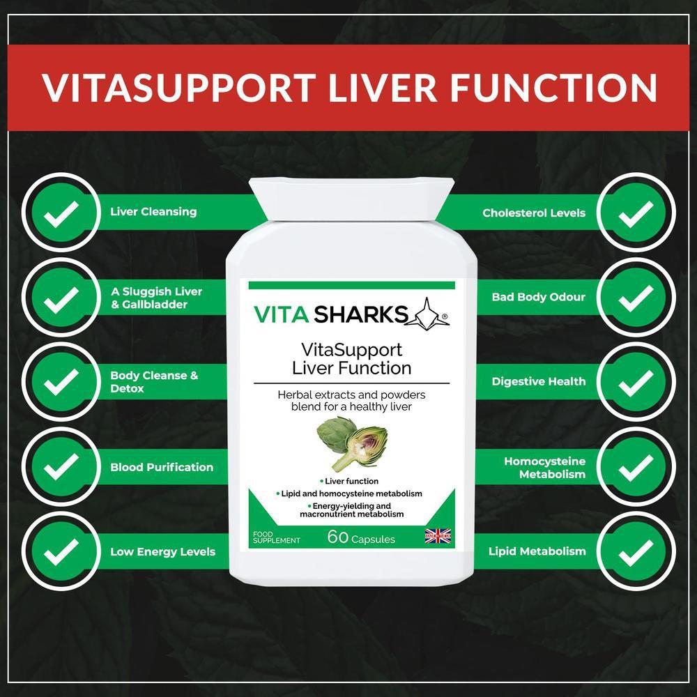 Buy VitaSupport Liver Function | Body Detoxification Supplement with Herbal Extracts and Vitamins - Designed to support detoxification, particularly during periods of over-indulgence in food, alcohol or smoking. The health supplement helps to cleanse a congested liver & gallbladder supporting cell repair & protection. Formulated to stimulate, flush, cleanse & protect these two important organs. at Sacred Remedy Online