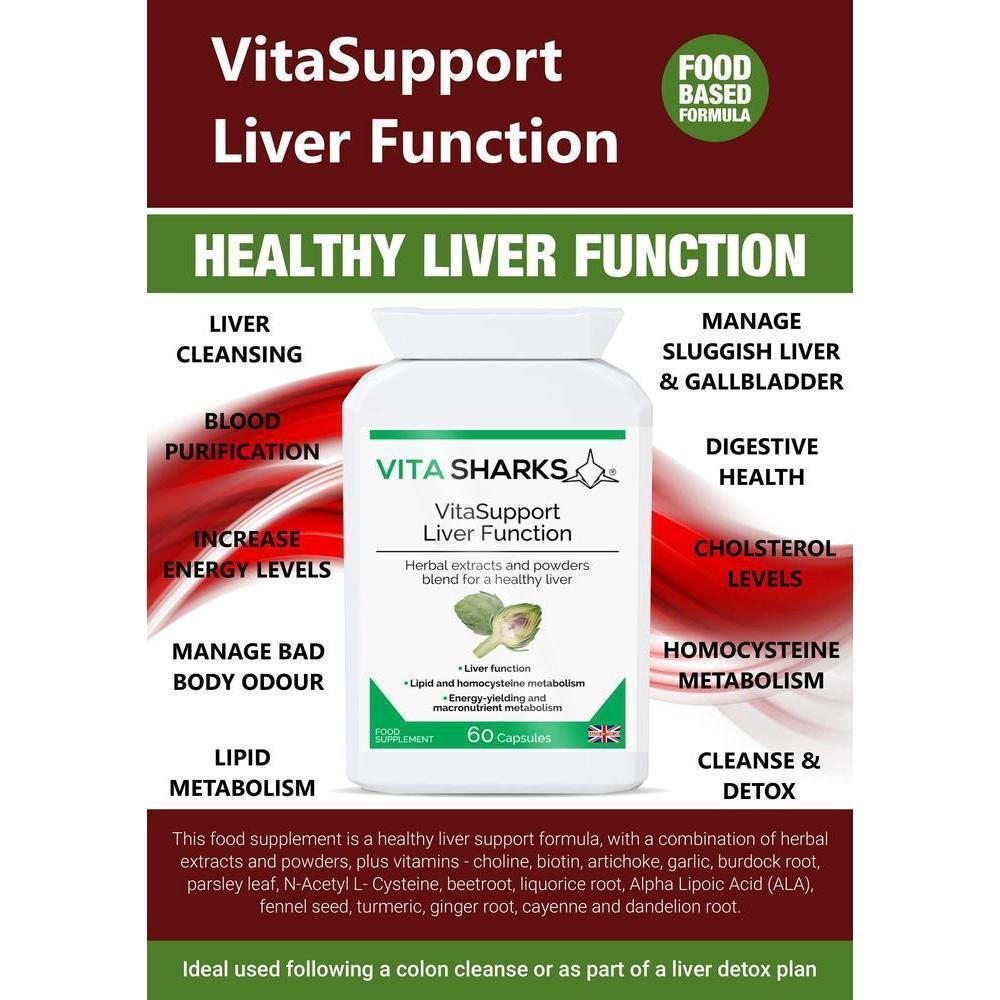 Buy VitaSupport Liver Function | Body Detoxification Supplement with Herbal Extracts and Vitamins - Designed to support detoxification, particularly during periods of over-indulgence in food, alcohol or smoking. The health supplement helps to cleanse a congested liver & gallbladder supporting cell repair & protection. Formulated to stimulate, flush, cleanse & protect these two important organs. at Sacred Remedy Online