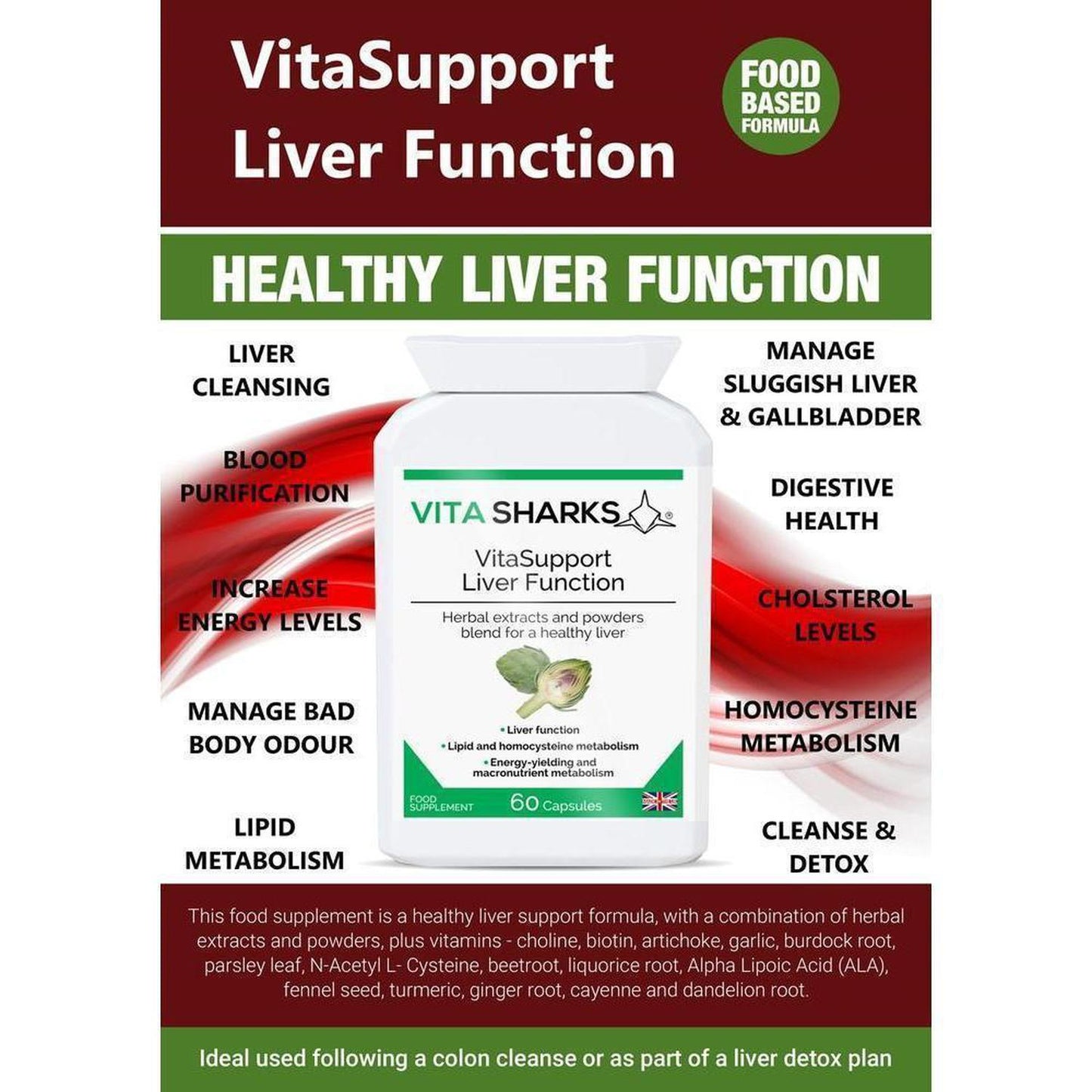 VitaSupport Liver Function | Body Detoxification Supplement with Herbal Extracts and Vitamins - Designed to support detoxification, particularly during periods of over-indulgence in food, alcohol or smoking. The health supplement helps to cleanse a congested liver & gallbladder supporting cell repair & protection. Formulated to stimulate, flush, cleanse & protect these two important organs. Buy Now at Sacred Remedy