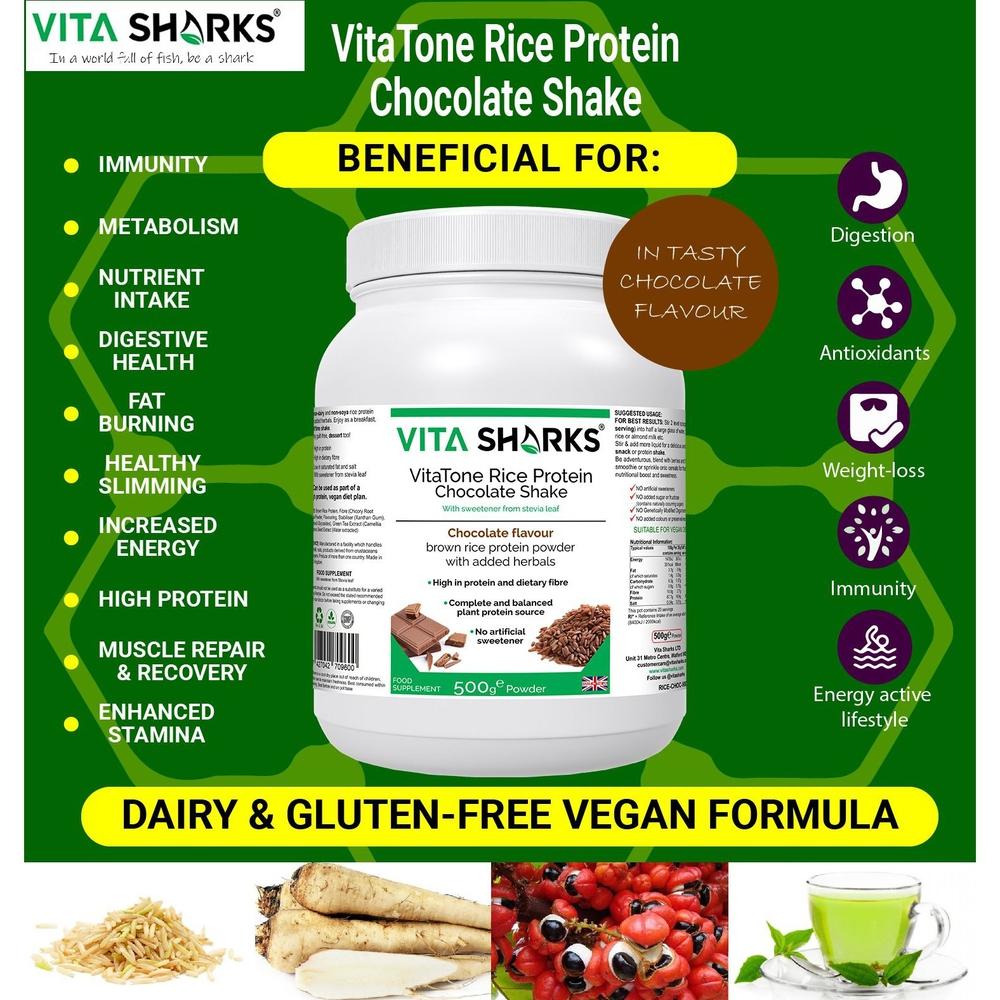 Buy VitaTone Rice Protein Chocolate Shake plus Fibre & Herbs with No Artificial Sweeteners - To support everything from a healthy colon and stable blood sugar levels, to healthy weight management, a fast metabolism & high energy levels. It is easily digestible and does not cause bloating or flatulence, which many people experience with dairy-based protein powders - an ideal alternative to whey and soya. at Sacred Remedy Online