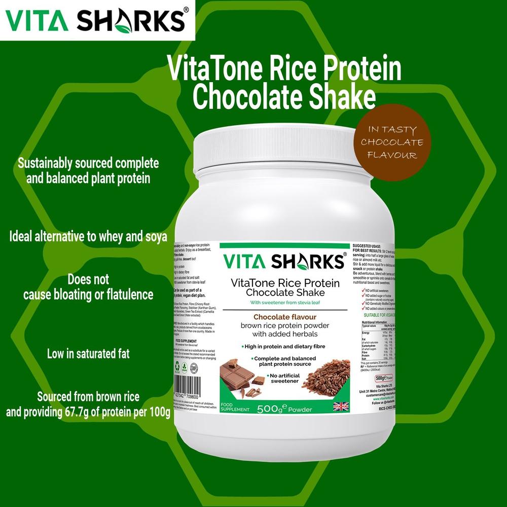 Buy VitaTone Rice Protein Chocolate Shake plus Fibre & Herbs with No Artificial Sweeteners - To support everything from a healthy colon and stable blood sugar levels, to healthy weight management, a fast metabolism & high energy levels. It is easily digestible and does not cause bloating or flatulence, which many people experience with dairy-based protein powders - an ideal alternative to whey and soya. at Sacred Remedy Online