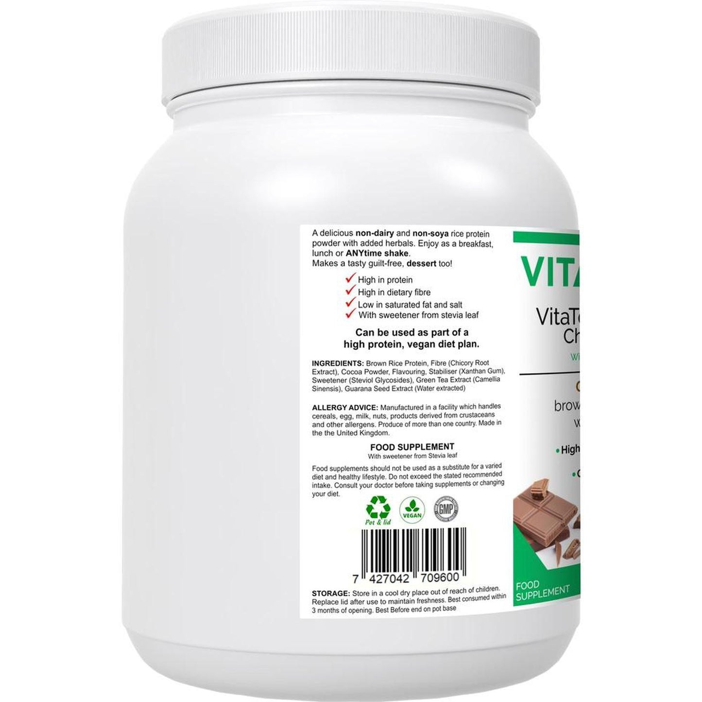 VitaTone Rice Protein Chocolate Shake plus Fibre & Herbs with No Artificial Sweeteners - To support everything from a healthy colon and stable blood sugar levels, to healthy weight management, a fast metabolism & high energy levels. It is easily digestible and does not cause bloating or flatulence, which many people experience with dairy-based protein powders - an ideal alternative to whey and soya. Buy Now at Sacred Remedy