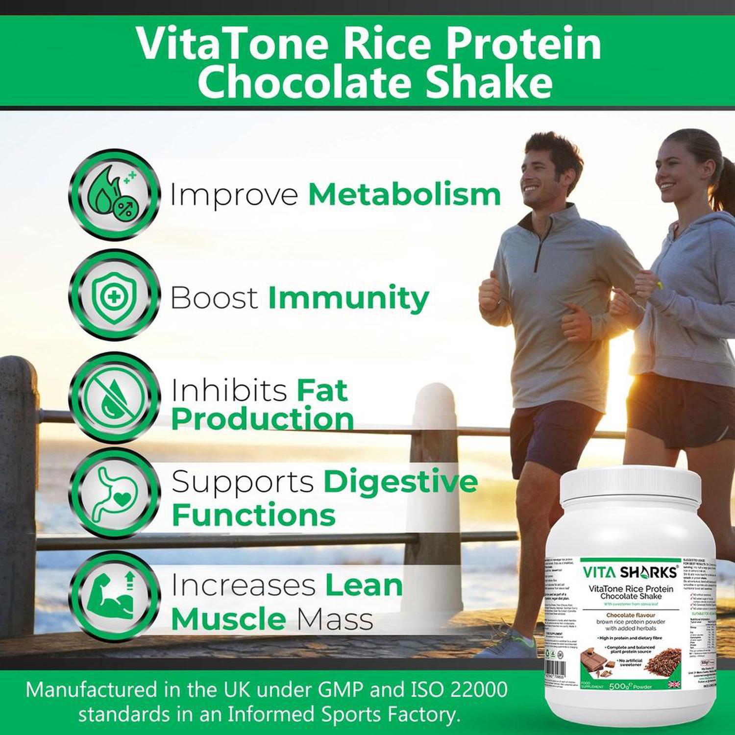 VitaTone Rice Protein Chocolate Shake plus Fibre & Herbs with No Artificial Sweeteners - To support everything from a healthy colon and stable blood sugar levels, to healthy weight management, a fast metabolism & high energy levels. It is easily digestible and does not cause bloating or flatulence, which many people experience with dairy-based protein powders - an ideal alternative to whey and soya. Buy Now at Sacred Remedy