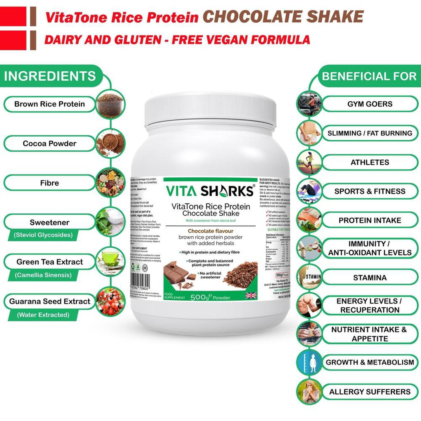 VitaTone Rice Protein Chocolate Shake plus Fibre & Herbs with No Artificial Sweeteners - To support everything from a healthy colon and stable blood sugar levels, to healthy weight management, a fast metabolism & high energy levels. It is easily digestible and does not cause bloating or flatulence, which many people experience with dairy-based protein powders - an ideal alternative to whey and soya. Buy Now at Sacred Remedy