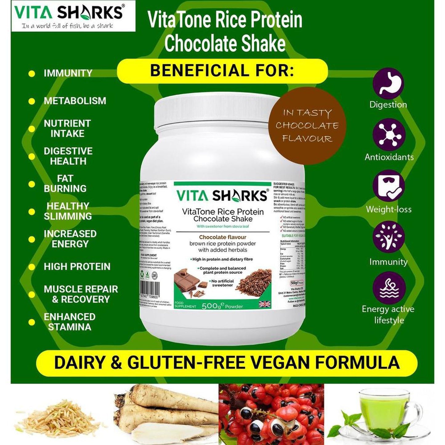 VitaTone Rice Protein Chocolate Shake plus Fibre & Herbs with No Artificial Sweeteners - To support everything from a healthy colon and stable blood sugar levels, to healthy weight management, a fast metabolism & high energy levels. It is easily digestible and does not cause bloating or flatulence, which many people experience with dairy-based protein powders - an ideal alternative to whey and soya. Buy Now at Sacred Remedy