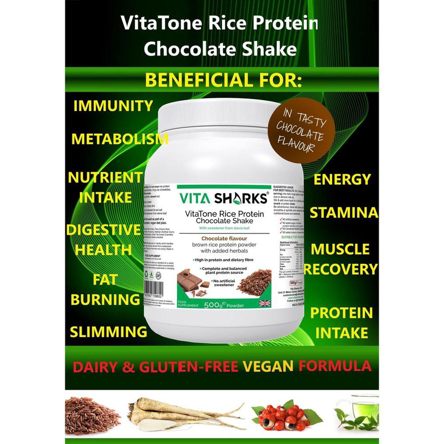 VitaTone Rice Protein Chocolate Shake plus Fibre & Herbs with No Artificial Sweeteners - To support everything from a healthy colon and stable blood sugar levels, to healthy weight management, a fast metabolism & high energy levels. It is easily digestible and does not cause bloating or flatulence, which many people experience with dairy-based protein powders - an ideal alternative to whey and soya. Buy Now at Sacred Remedy