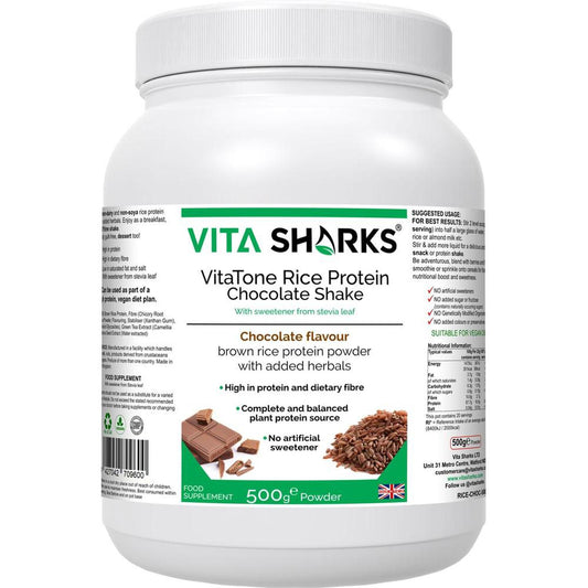 VitaTone Rice Protein Chocolate Shake plus Fibre & Herbs with No Artificial Sweeteners - To support everything from a healthy colon and stable blood sugar levels, to healthy weight management, a fast metabolism & high energy levels. It is easily digestible and does not cause bloating or flatulence, which many people experience with dairy-based protein powders - an ideal alternative to whey and soya. Buy Now at Sacred Remedy