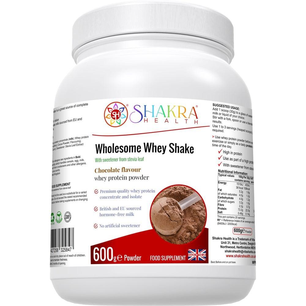 Buy Wholesome Whey Protein Shake (Chocolate) Premium Quality Concentrate & Isolate - Made with easy-to-digest whey protein concentrate and isolate, our Wholesome Whey Shake (Chocolate) is perfect for post-workout recovery or as a healthy snack anytime of day. It's also hormone-free, non-GMO, and gluten-free, making it a great choice for those with dietary restrictions. at Sacred Remedy Online