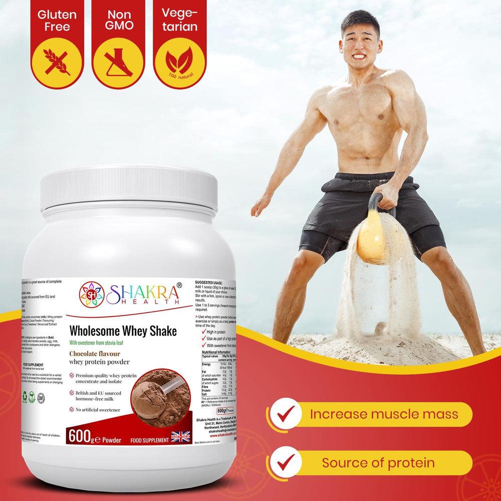 Buy Wholesome Whey Protein Shake (Chocolate) Premium Quality Concentrate & Isolate - Made with easy-to-digest whey protein concentrate and isolate, our Wholesome Whey Shake (Chocolate) is perfect for post-workout recovery or as a healthy snack anytime of day. It's also hormone-free, non-GMO, and gluten-free, making it a great choice for those with dietary restrictions. at Sacred Remedy Online