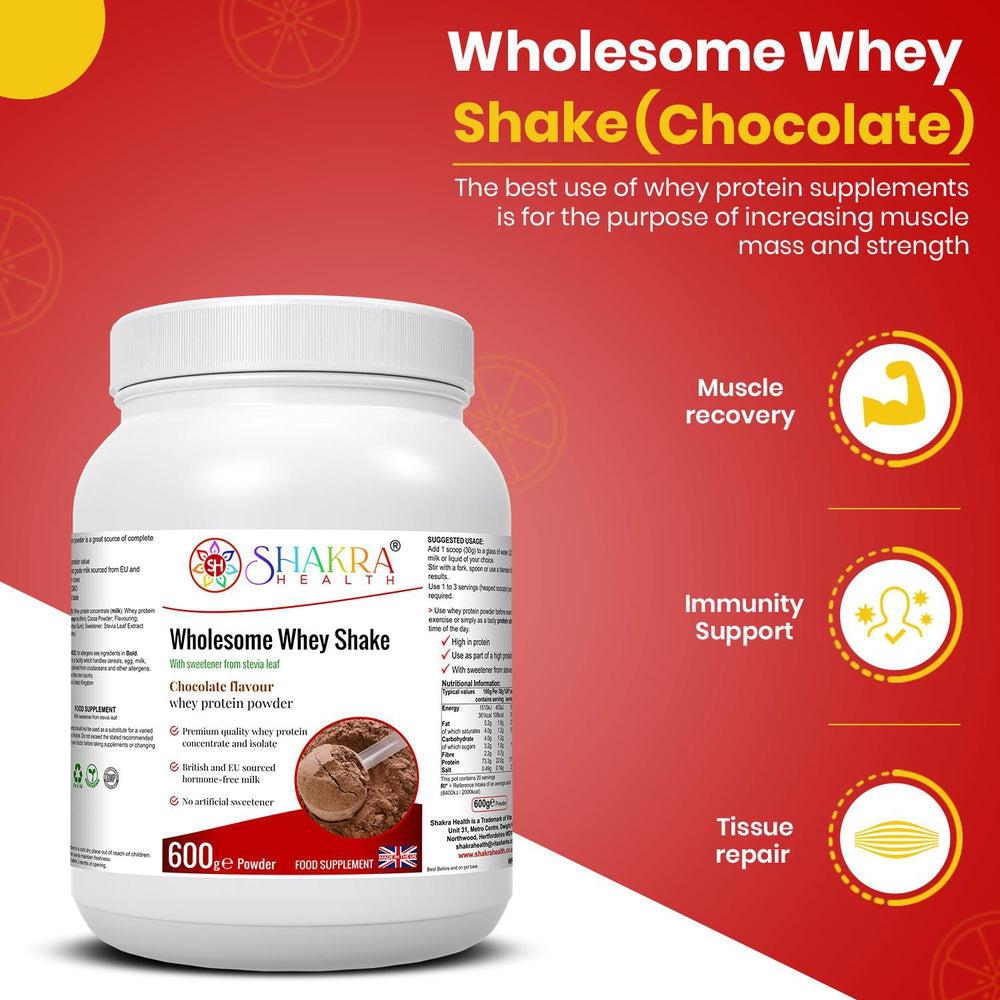 Buy Wholesome Whey Protein Shake (Chocolate) Premium Quality Concentrate & Isolate - Made with easy-to-digest whey protein concentrate and isolate, our Wholesome Whey Shake (Chocolate) is perfect for post-workout recovery or as a healthy snack anytime of day. It's also hormone-free, non-GMO, and gluten-free, making it a great choice for those with dietary restrictions. at Sacred Remedy Online