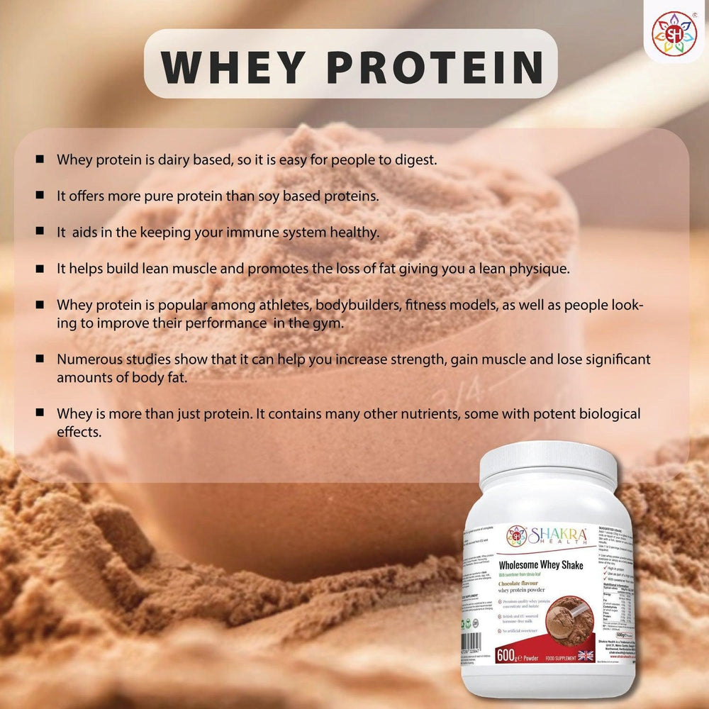 Buy Wholesome Whey Protein Shake (Chocolate) Premium Quality Concentrate & Isolate - Made with easy-to-digest whey protein concentrate and isolate, our Wholesome Whey Shake (Chocolate) is perfect for post-workout recovery or as a healthy snack anytime of day. It's also hormone-free, non-GMO, and gluten-free, making it a great choice for those with dietary restrictions. at Sacred Remedy Online