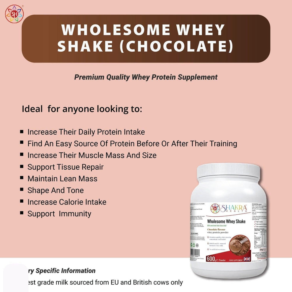 Buy Wholesome Whey Protein Shake (Chocolate) Premium Quality Concentrate & Isolate - Made with easy-to-digest whey protein concentrate and isolate, our Wholesome Whey Shake (Chocolate) is perfect for post-workout recovery or as a healthy snack anytime of day. It's also hormone-free, non-GMO, and gluten-free, making it a great choice for those with dietary restrictions. at Sacred Remedy Online