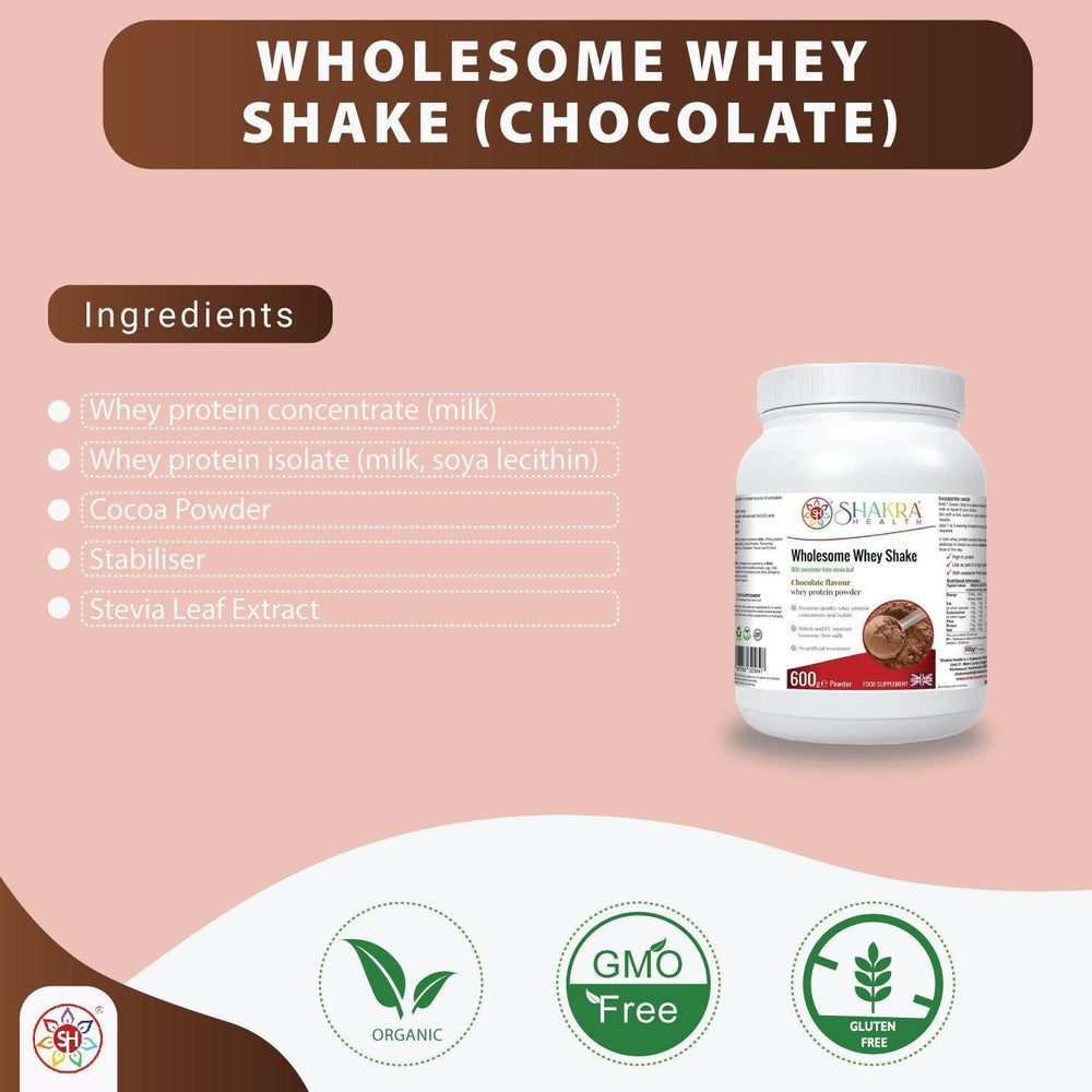 Buy Wholesome Whey Protein Shake (Chocolate) Premium Quality Concentrate & Isolate - Made with easy-to-digest whey protein concentrate and isolate, our Wholesome Whey Shake (Chocolate) is perfect for post-workout recovery or as a healthy snack anytime of day. It's also hormone-free, non-GMO, and gluten-free, making it a great choice for those with dietary restrictions. at Sacred Remedy Online