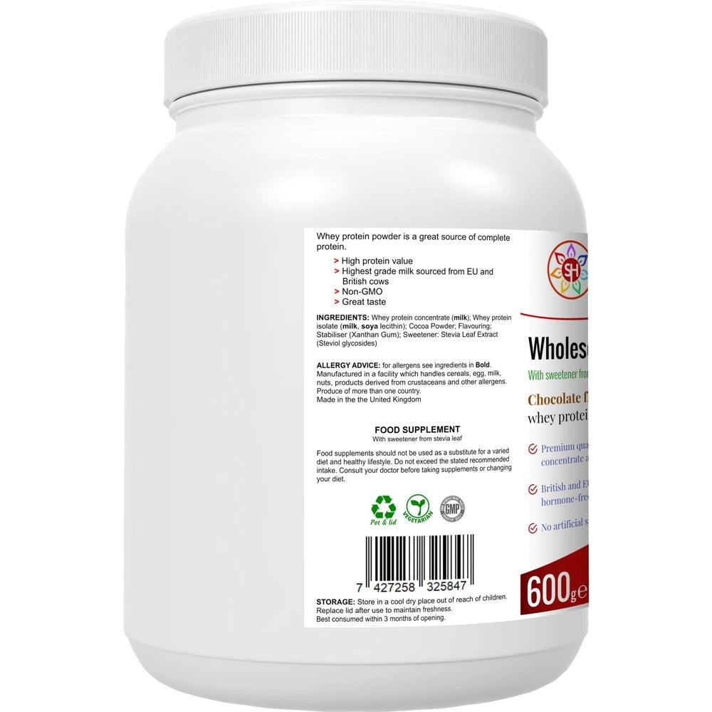 Buy Wholesome Whey Protein Shake (Chocolate) Premium Quality Concentrate & Isolate - Made with easy-to-digest whey protein concentrate and isolate, our Wholesome Whey Shake (Chocolate) is perfect for post-workout recovery or as a healthy snack anytime of day. It's also hormone-free, non-GMO, and gluten-free, making it a great choice for those with dietary restrictions. at Sacred Remedy Online