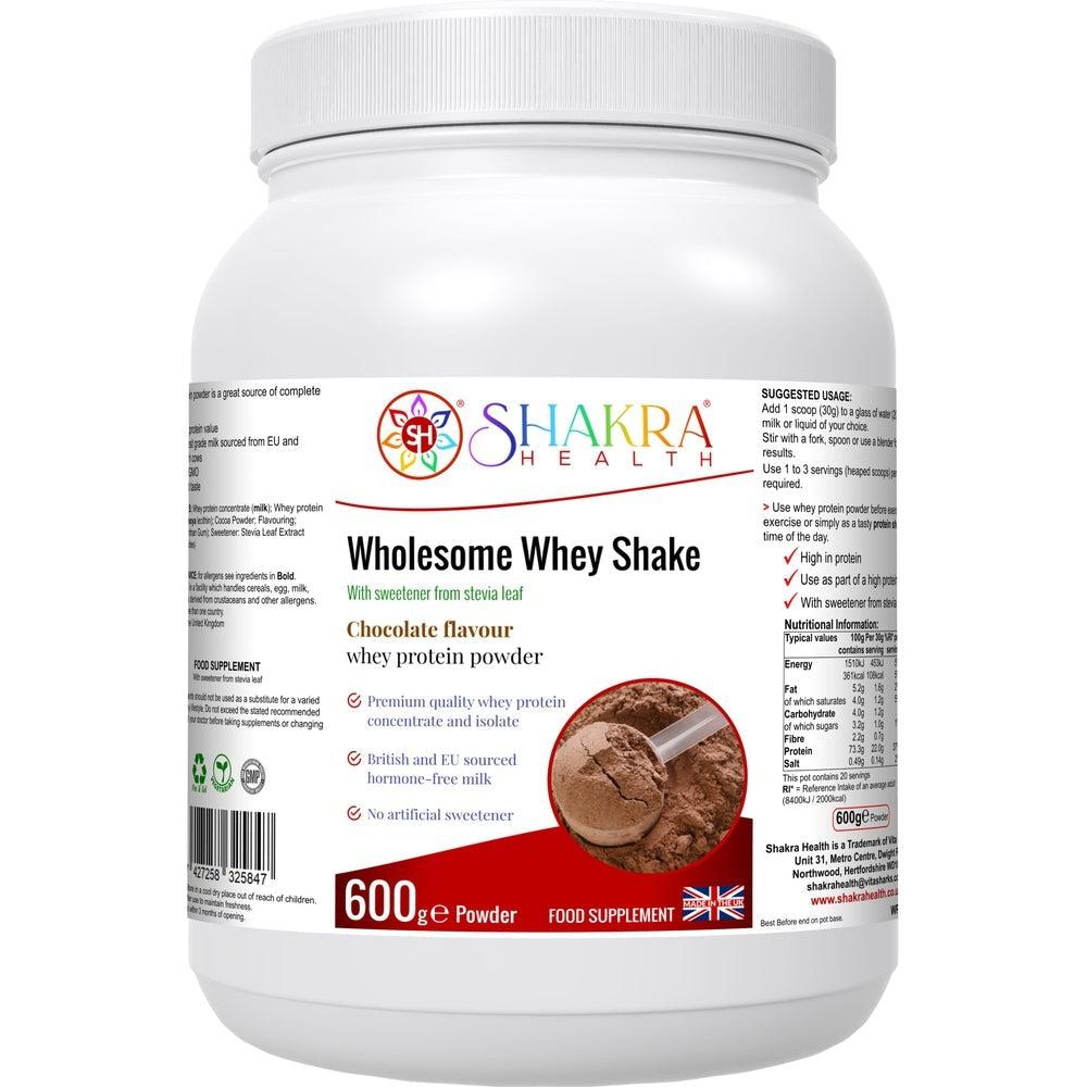 Buy Wholesome Whey Protein Shake (Chocolate) Premium Quality Concentrate & Isolate - Made with easy-to-digest whey protein concentrate and isolate, our Wholesome Whey Shake (Chocolate) is perfect for post-workout recovery or as a healthy snack anytime of day. It's also hormone-free, non-GMO, and gluten-free, making it a great choice for those with dietary restrictions. at Sacred Remedy Online