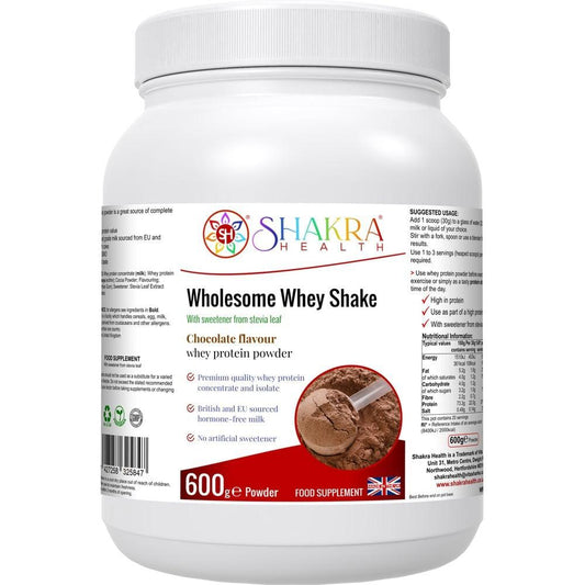 Buy Wholesome Whey Protein Shake (Chocolate) Premium Quality Concentrate & Isolate - Made with easy-to-digest whey protein concentrate and isolate, our Wholesome Whey Shake (Chocolate) is perfect for post-workout recovery or as a healthy snack anytime of day. It's also hormone-free, non-GMO, and gluten-free, making it a great choice for those with dietary restrictions. at Sacred Remedy Online