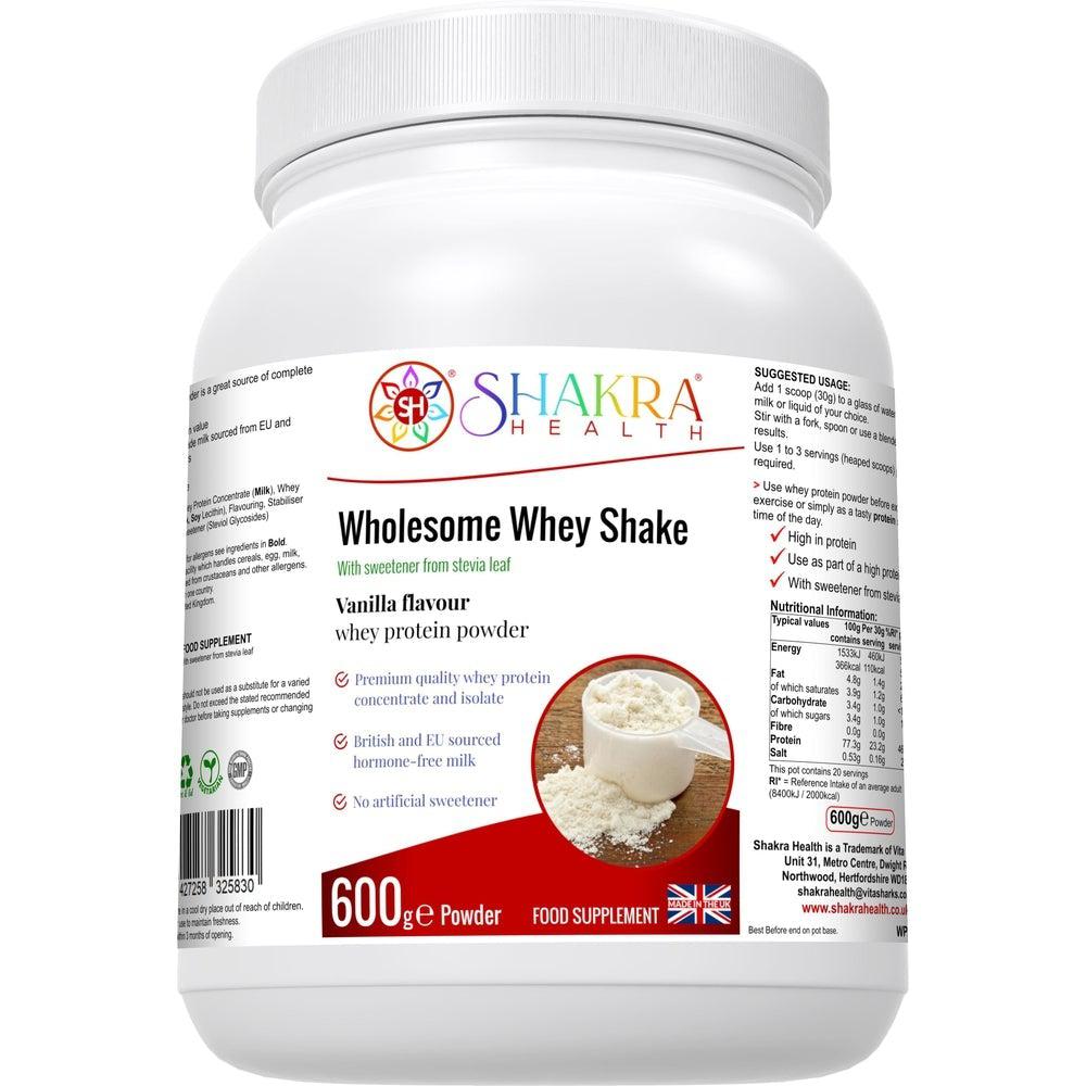 Buy Wholesome Whey Protein Shake (Vanillla) Premium Quality Whey Concentrate & Isolate - Wholesome Whey Shake Vanilla is a protein shake made with whey protein concentrate and isolate, sourced from cows in the EU and Britain. It is gluten-free and contains no artificial sweeteners or colors. Other ingredients include milk, soy lecithin, stevia leaf extract, and xanthan gum. at Sacred Remedy Online