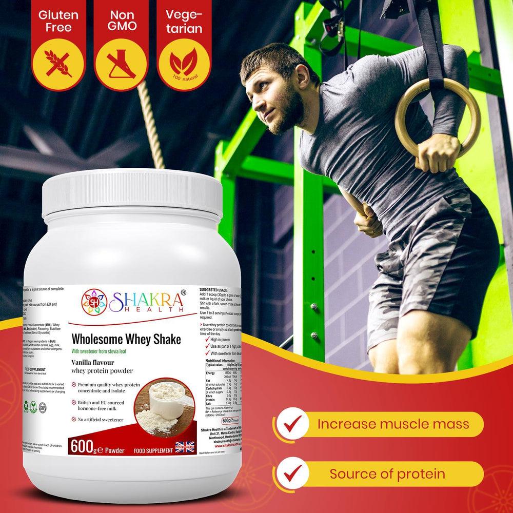 Buy Wholesome Whey Protein Shake (Vanillla) Premium Quality Whey Concentrate & Isolate - Wholesome Whey Shake Vanilla is a protein shake made with whey protein concentrate and isolate, sourced from cows in the EU and Britain. It is gluten-free and contains no artificial sweeteners or colors. Other ingredients include milk, soy lecithin, stevia leaf extract, and xanthan gum. at Sacred Remedy Online