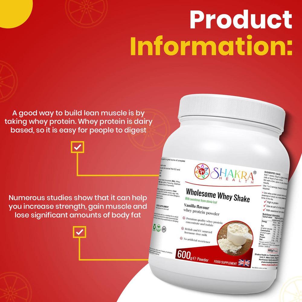 Buy Wholesome Whey Protein Shake (Vanillla) Premium Quality Whey Concentrate & Isolate - Wholesome Whey Shake Vanilla is a protein shake made with whey protein concentrate and isolate, sourced from cows in the EU and Britain. It is gluten-free and contains no artificial sweeteners or colors. Other ingredients include milk, soy lecithin, stevia leaf extract, and xanthan gum. at Sacred Remedy Online