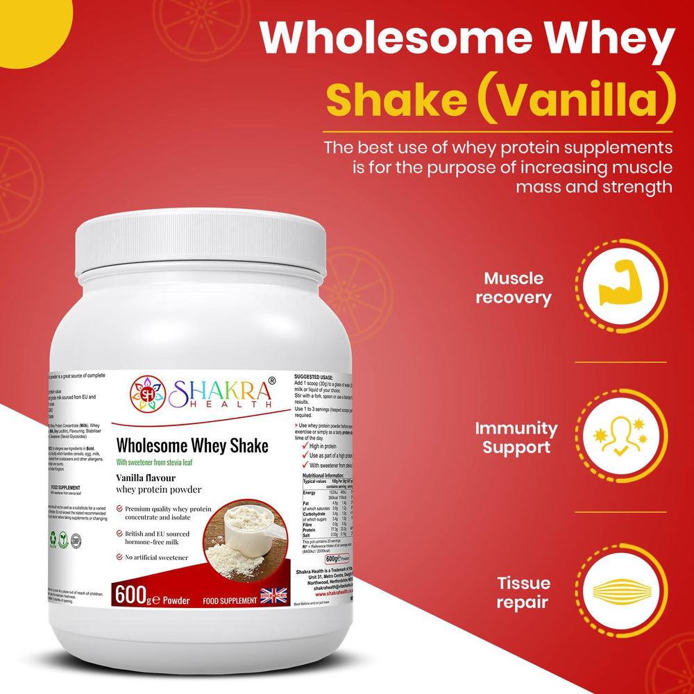 Buy Wholesome Whey Protein Shake (Vanillla) Premium Quality Whey Concentrate & Isolate - Wholesome Whey Shake Vanilla is a protein shake made with whey protein concentrate and isolate, sourced from cows in the EU and Britain. It is gluten-free and contains no artificial sweeteners or colors. Other ingredients include milk, soy lecithin, stevia leaf extract, and xanthan gum. at Sacred Remedy Online