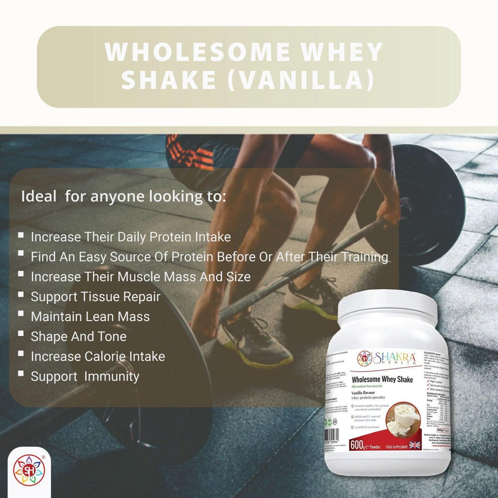 Buy Wholesome Whey Protein Shake (Vanillla) Premium Quality Whey Concentrate & Isolate - Wholesome Whey Shake Vanilla is a protein shake made with whey protein concentrate and isolate, sourced from cows in the EU and Britain. It is gluten-free and contains no artificial sweeteners or colors. Other ingredients include milk, soy lecithin, stevia leaf extract, and xanthan gum. at Sacred Remedy Online