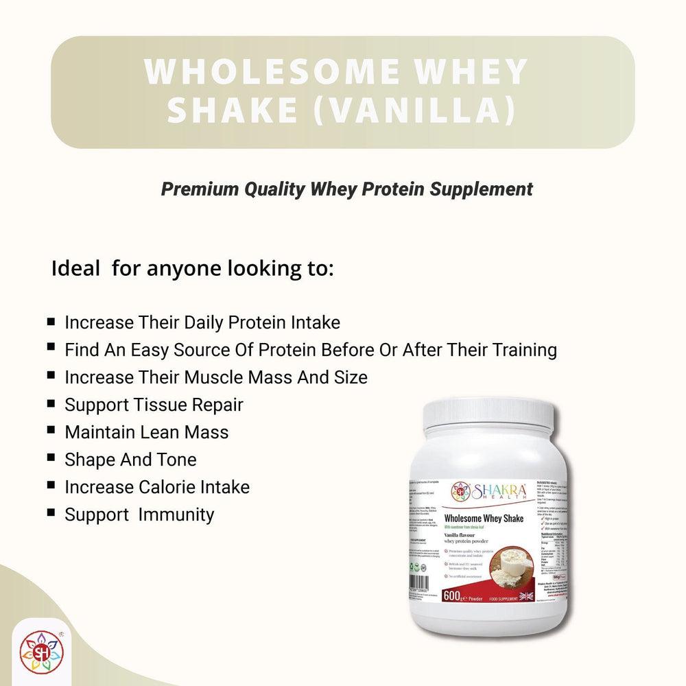 Buy Wholesome Whey Protein Shake (Vanillla) Premium Quality Whey Concentrate & Isolate - Wholesome Whey Shake Vanilla is a protein shake made with whey protein concentrate and isolate, sourced from cows in the EU and Britain. It is gluten-free and contains no artificial sweeteners or colors. Other ingredients include milk, soy lecithin, stevia leaf extract, and xanthan gum. at Sacred Remedy Online