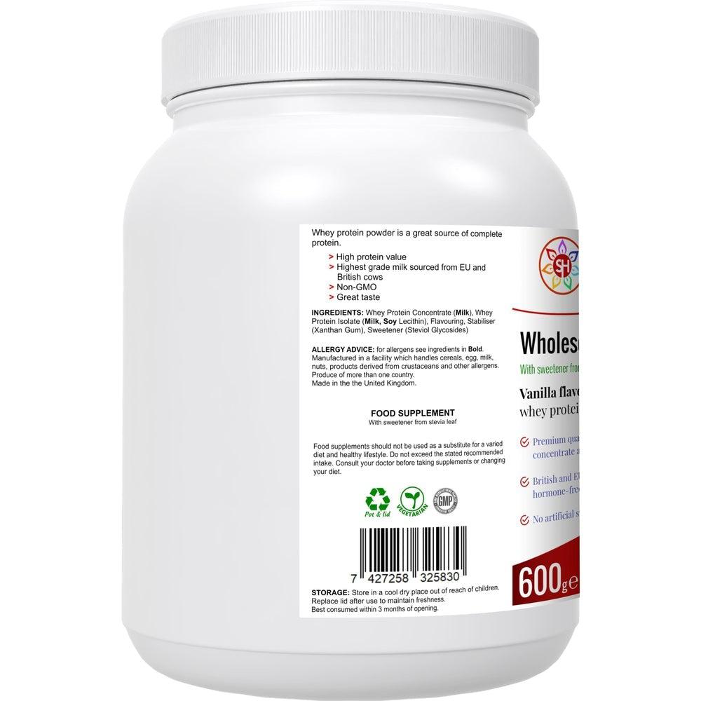 Buy Wholesome Whey Protein Shake (Vanillla) Premium Quality Whey Concentrate & Isolate - Wholesome Whey Shake Vanilla is a protein shake made with whey protein concentrate and isolate, sourced from cows in the EU and Britain. It is gluten-free and contains no artificial sweeteners or colors. Other ingredients include milk, soy lecithin, stevia leaf extract, and xanthan gum. at Sacred Remedy Online