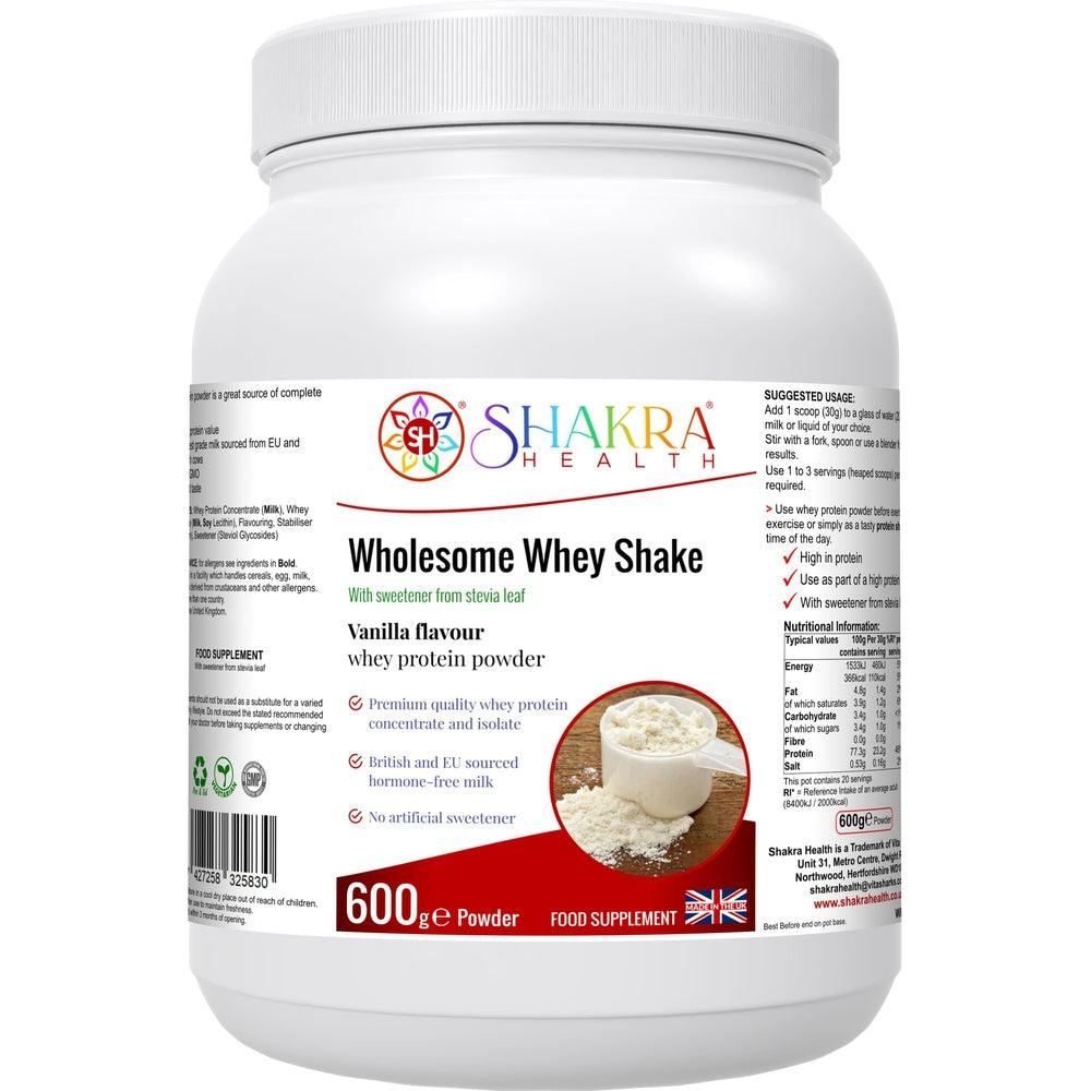 Buy Wholesome Whey Protein Shake (Vanillla) Premium Quality Whey Concentrate & Isolate - Wholesome Whey Shake Vanilla is a protein shake made with whey protein concentrate and isolate, sourced from cows in the EU and Britain. It is gluten-free and contains no artificial sweeteners or colors. Other ingredients include milk, soy lecithin, stevia leaf extract, and xanthan gum. at Sacred Remedy Online