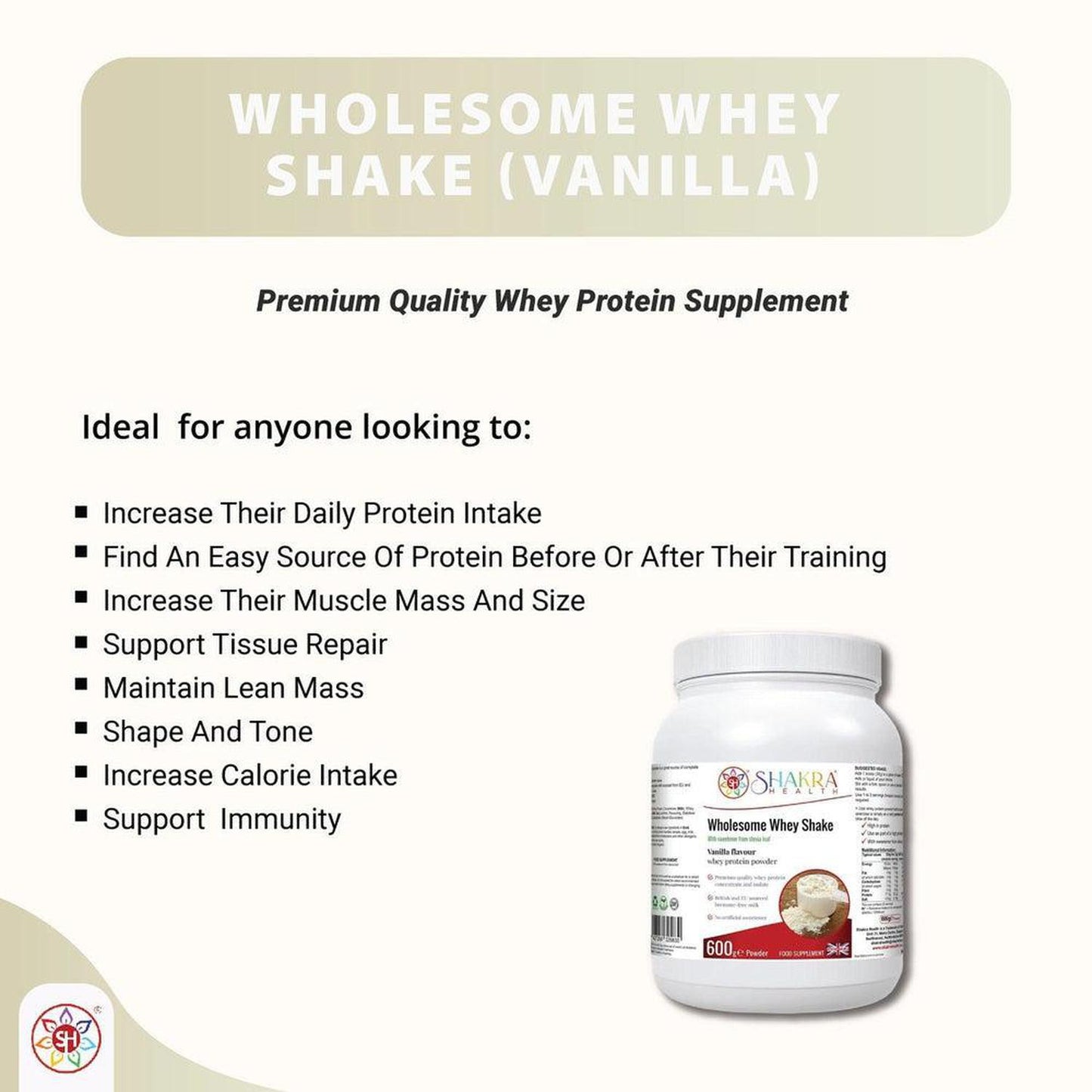 Wholesome Whey Protein Shake (Vanillla) Premium Quality Whey Concentrate & Isolate - Wholesome Whey Shake Vanilla is a protein shake made with whey protein concentrate and isolate, sourced from cows in the EU and Britain. It is gluten-free and contains no artificial sweeteners or colors. Other ingredients include milk, soy lecithin, stevia leaf extract, and xanthan gum. Buy Now at Sacred Remedy