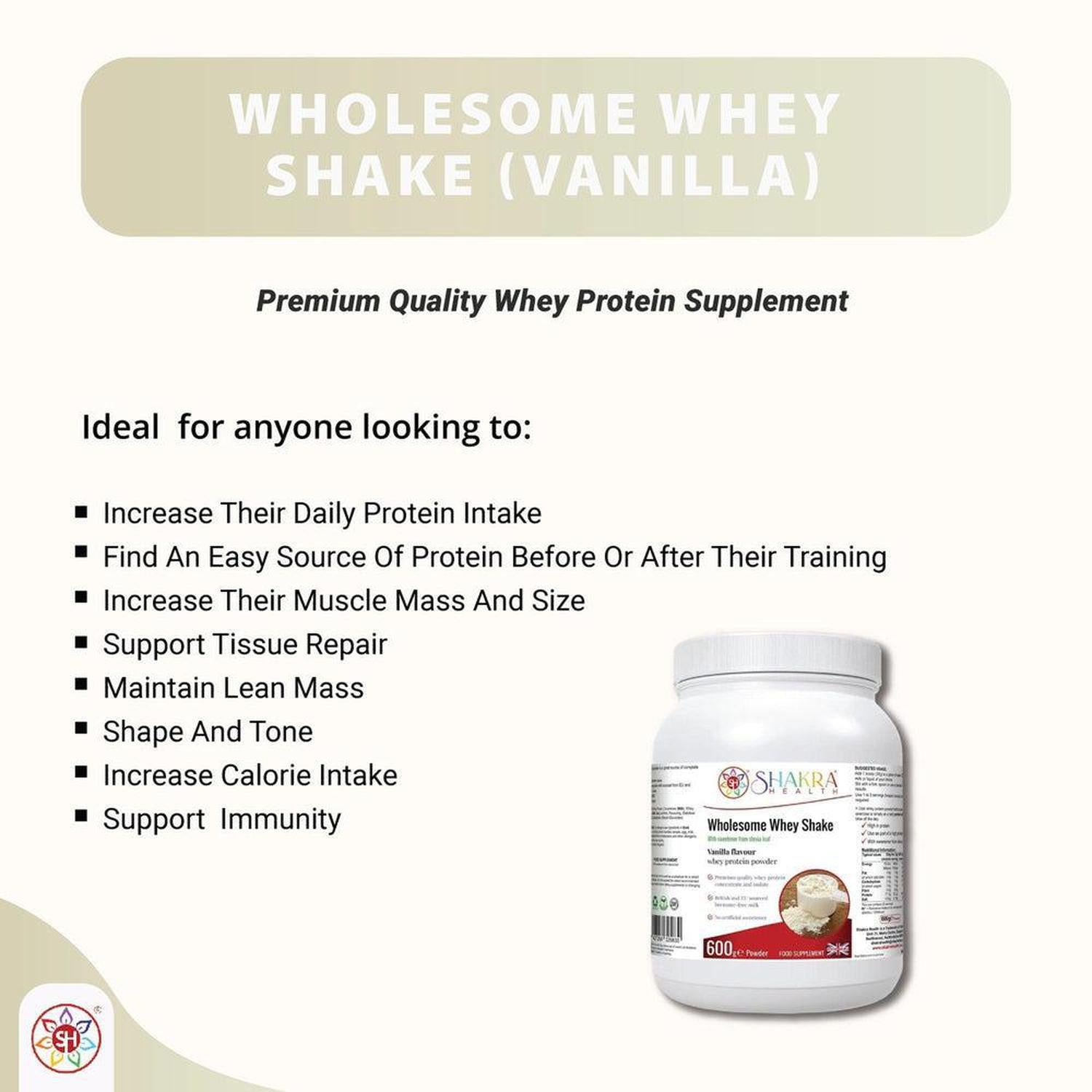 Wholesome Whey Protein Shake (Vanilla) Premium Quality Whey Concentrate & Isolate - Wholesome Whey Shake Vanilla is a protein shake made with whey protein concentrate and isolate, sourced from cows in the EU and Britain. It is gluten-free and contains no artificial sweeteners or colors. Other ingredients include milk, soy lecithin, stevia leaf extract, and xanthan gum. Buy Now at Sacred Remedy