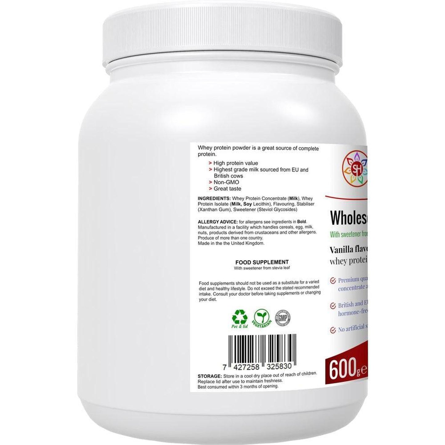 Wholesome Whey Protein Shake (Vanillla) Premium Quality Whey Concentrate & Isolate - Wholesome Whey Shake Vanilla is a protein shake made with whey protein concentrate and isolate, sourced from cows in the EU and Britain. It is gluten-free and contains no artificial sweeteners or colors. Other ingredients include milk, soy lecithin, stevia leaf extract, and xanthan gum. Buy Now at Sacred Remedy