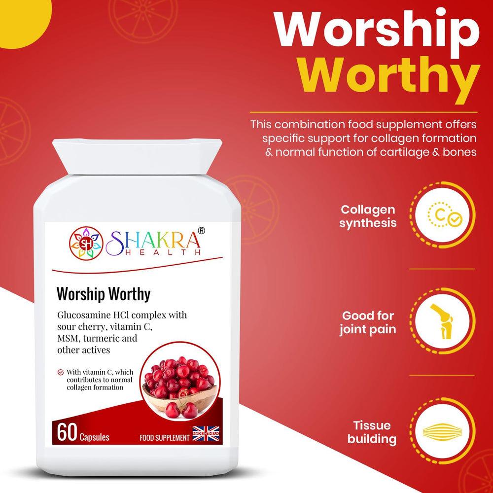 Buy Worship Worthy Collagen, Bone, Joint, Cartilage & Connective Tissue Formula - Healthy cartilage, tendons, ligaments and muscles are all necessary to keep our joints in fine fettle. This supplement offers specific support for collagen formation. Glucosamine is a compound which occurs naturally in the body, but our natural production of glucosamine may decline as we age. at Sacred Remedy Online