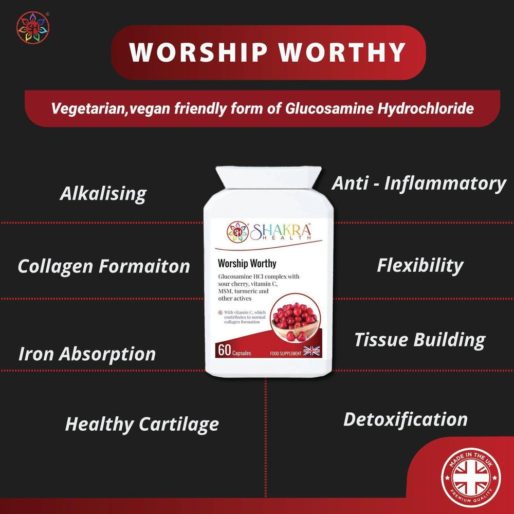 Buy Worship Worthy Collagen, Bone, Joint, Cartilage & Connective Tissue Formula - Healthy cartilage, tendons, ligaments and muscles are all necessary to keep our joints in fine fettle. This supplement offers specific support for collagen formation. Glucosamine is a compound which occurs naturally in the body, but our natural production of glucosamine may decline as we age. at Sacred Remedy Online